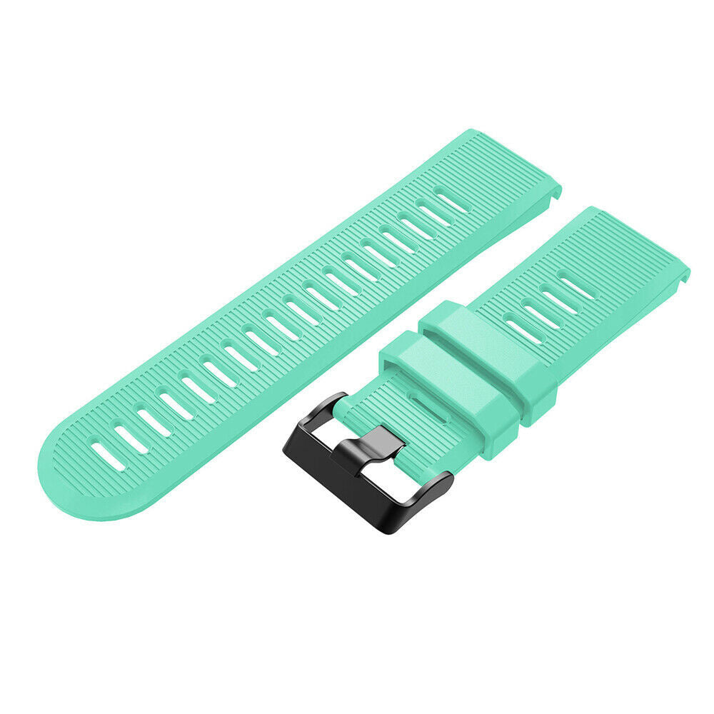 Zwei Teile eines hellgrünen Uhrenarmbands mit einer schwarzen Metallschnalle. Ein Teil ist länger als das andere, beide sind auf weißem Hintergrund.