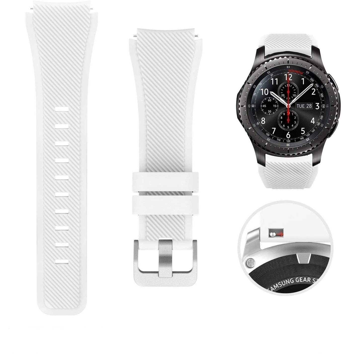 Weiße Uhrenarmbänder, eine schwarze Uhr mit weißen Armbändern und eine Nahaufnahme der Rückseite der Uhr mit dem Samsung Gear S Logo.