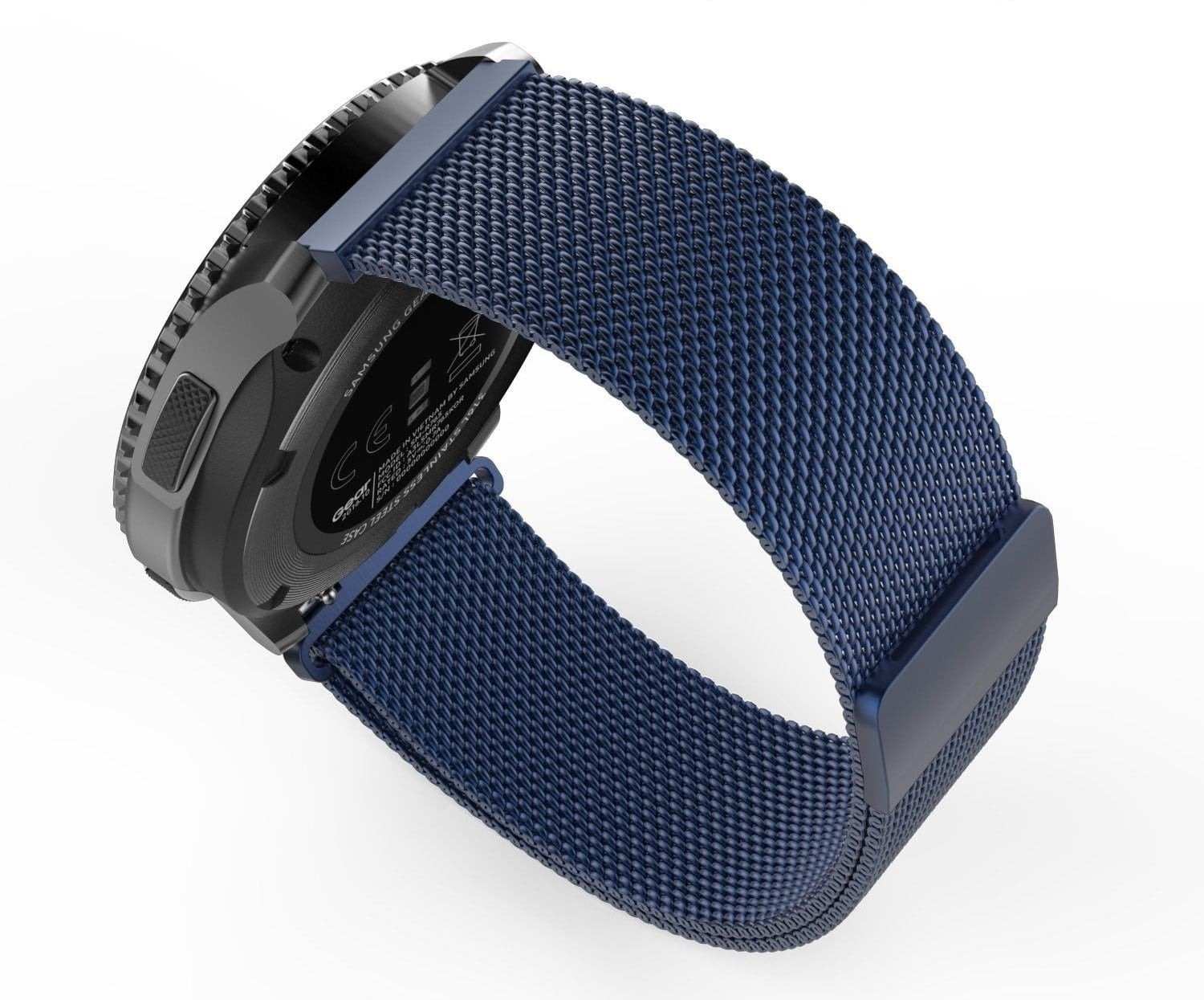 Eine Samsung Gear Smartwatch mit dunkelblauem Mesh-Armband wird vor weißem Hintergrund gezeigt. Das Zifferblatt der Uhr ist sichtbar.