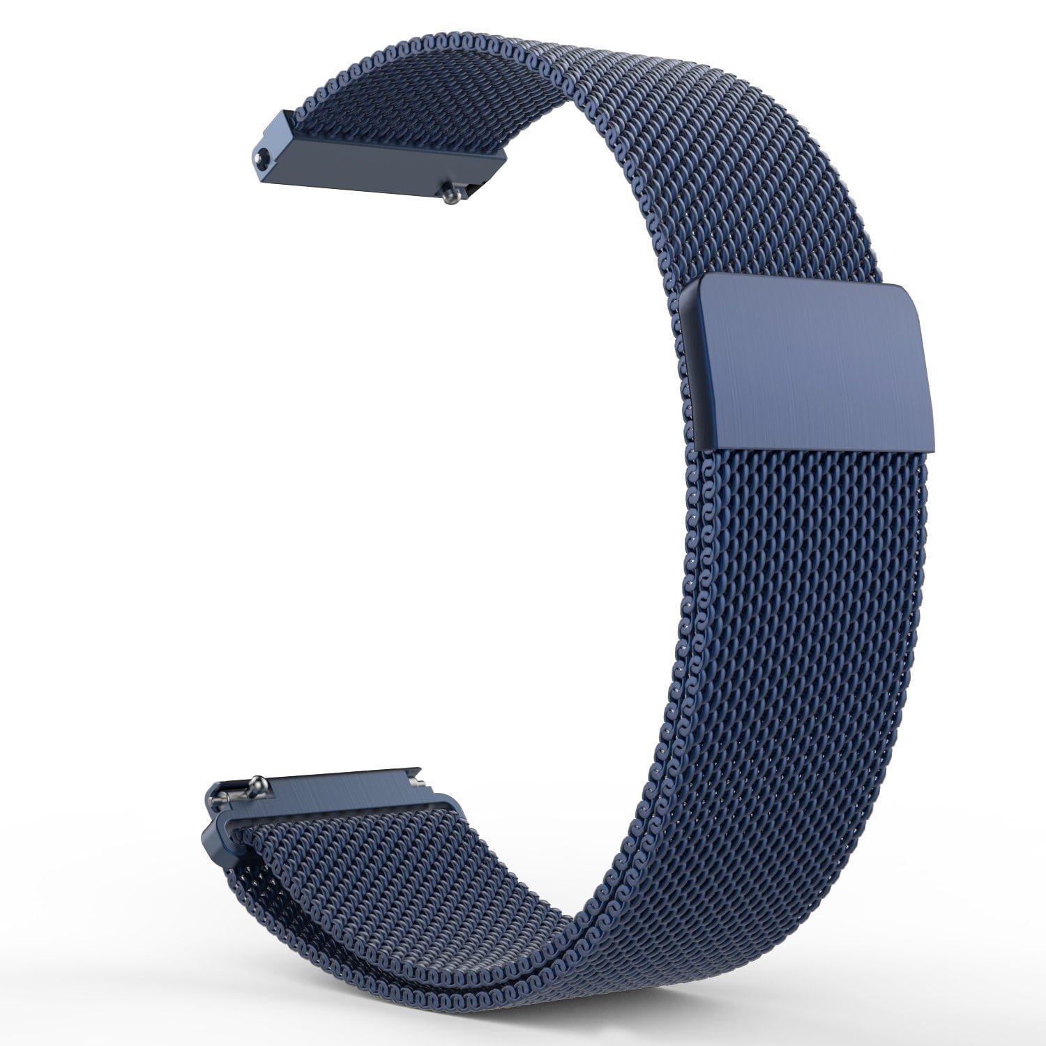 Ein marineblaues Uhrenarmband aus Mesh, in C-Form, mit Metallverschluss und -verbindern, auf weißem Hintergrund.