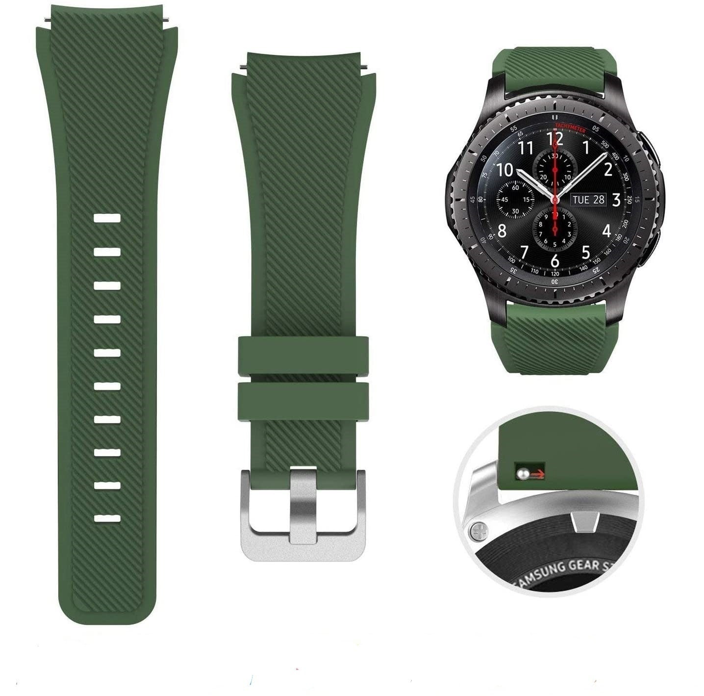 Eine olivgrüne Uhr mit ihren Armbändern und eine Nahaufnahme des Zifferblatts und der Schnalle. Die Uhr zeigt Dienstag 28.