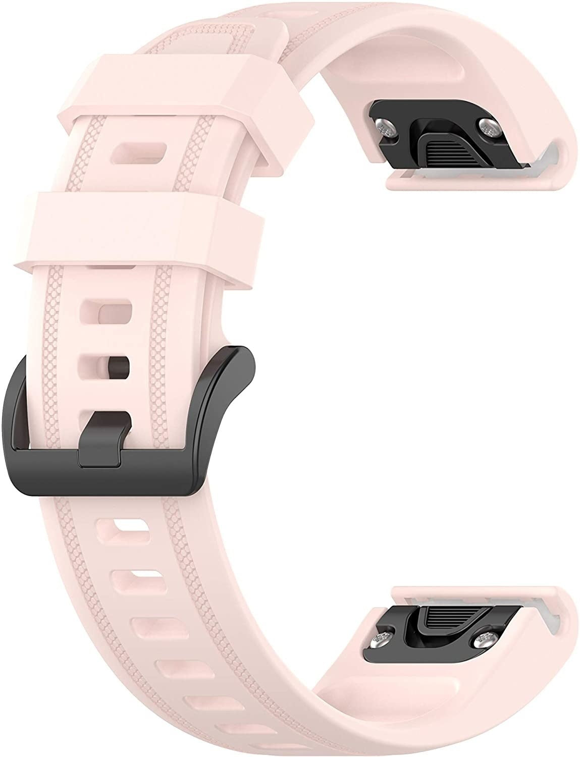 Ein hellrosa Uhrenarmband mit schwarzer Schnalle. Das Armband ist gebogen und zeigt Schnalle und Befestigungspunkte.