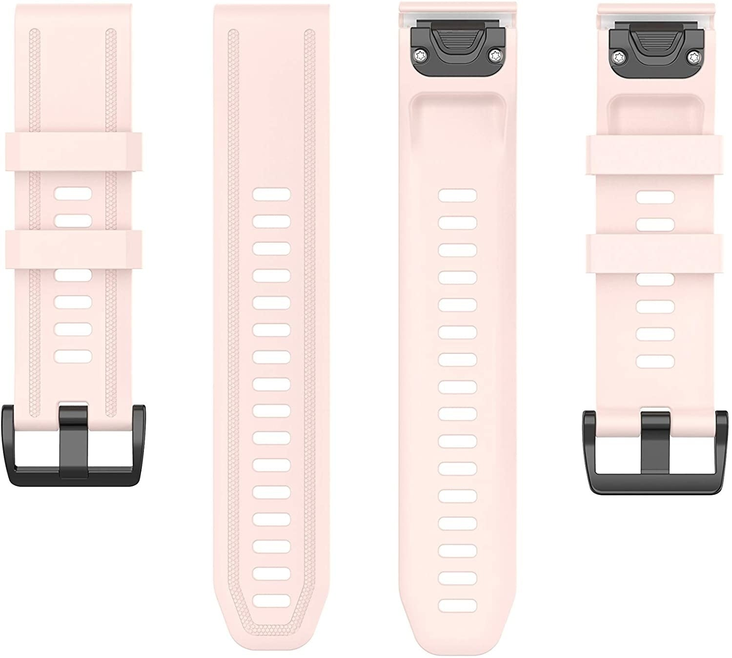 Vier hellrosa Uhrenarmbänder mit schwarzen Verschlüssen vor weißem Hintergrund. Jedes Band hat ein unterschiedliches Design.