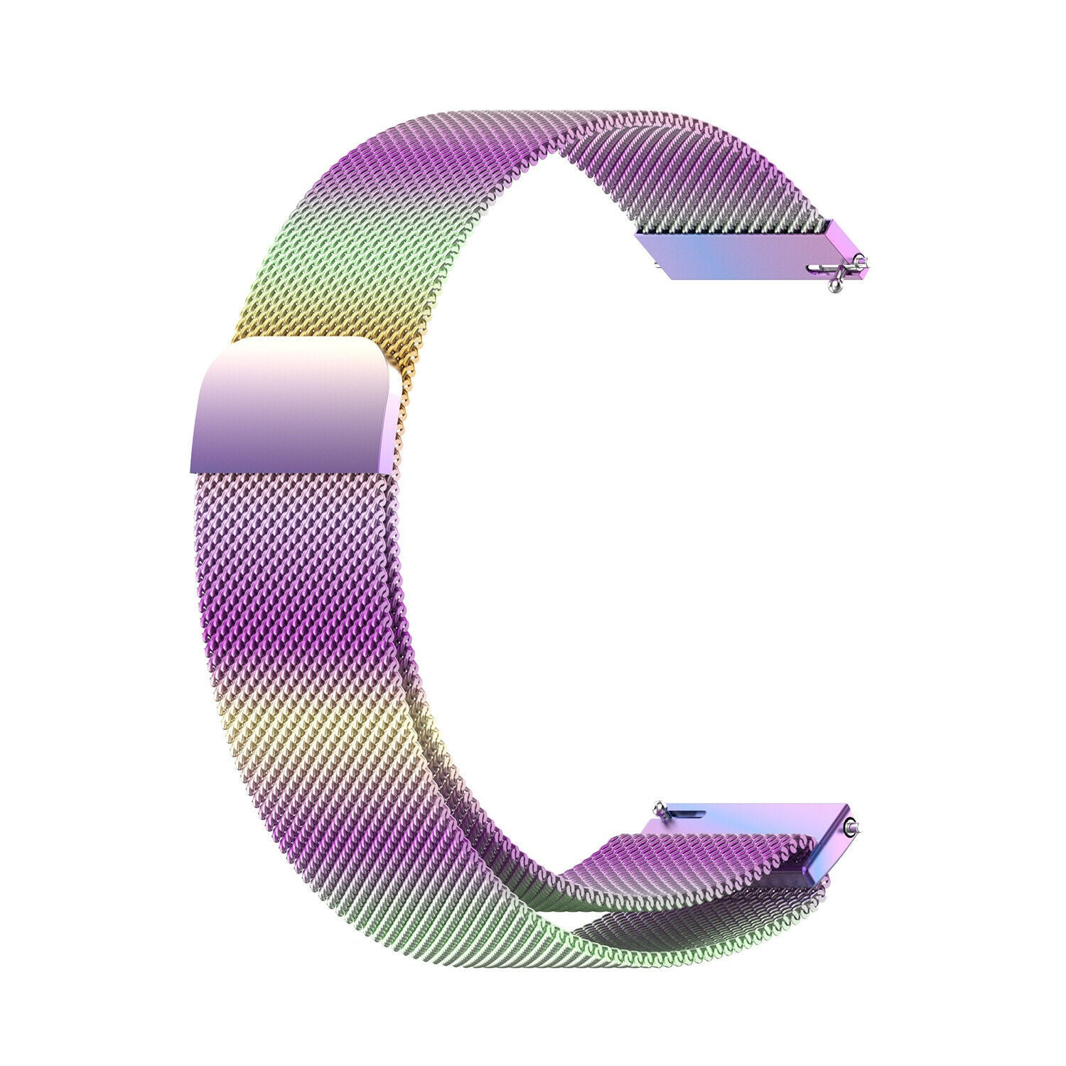 Ein mehrfarbiges Uhrenarmband mit lila, grünen und gelben Farbtönen. Es besteht aus Mesh und hat einen Verschluss und Anschlüsse auf weißem Hintergrund.