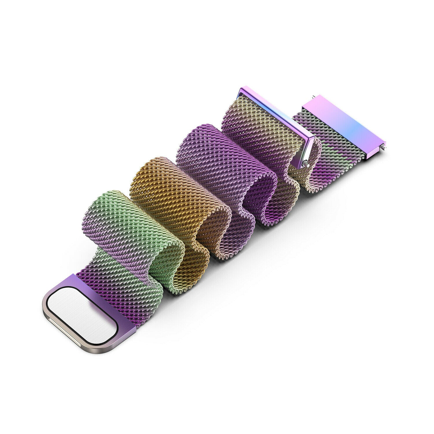 Ein mehrfarbiges, schillerndes Uhrenarmband liegt auf einer weißen Oberfläche. Das Armband besteht aus Mesh in Grün-, Gold- und Lilatönen.