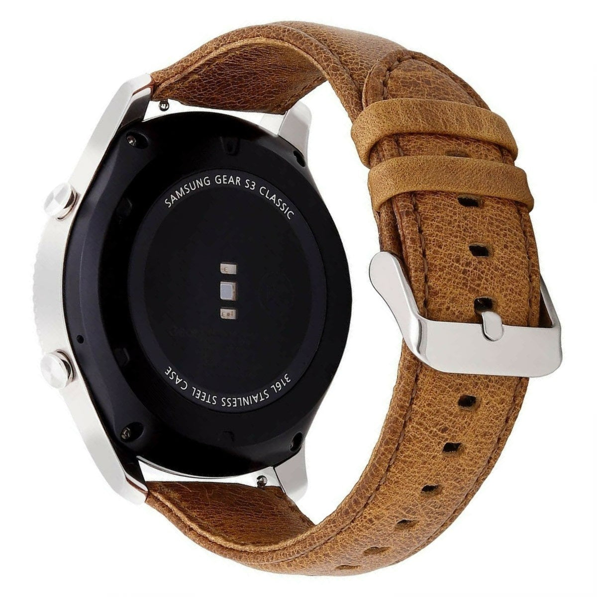 Eine Samsung Gear S3 Classic Smartwatch mit braunem Lederarmband. Die Uhr hat ein schwarzes Zifferblatt und ein silbernes Gehäuse. Das Armband ist geschnallt.