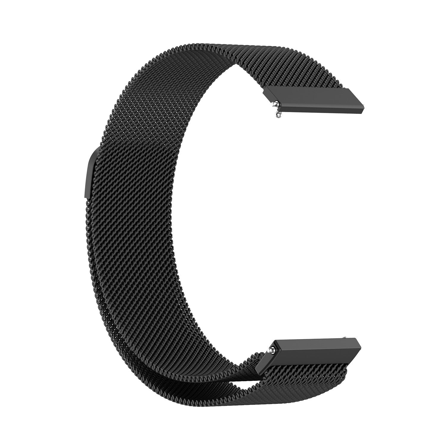 Ein schwarzes Mesh-Armband, C-förmig gebogen, mit rechteckigen Verschlüssen. Das Band besteht aus feinen, verflochtenen Metallsträngen.