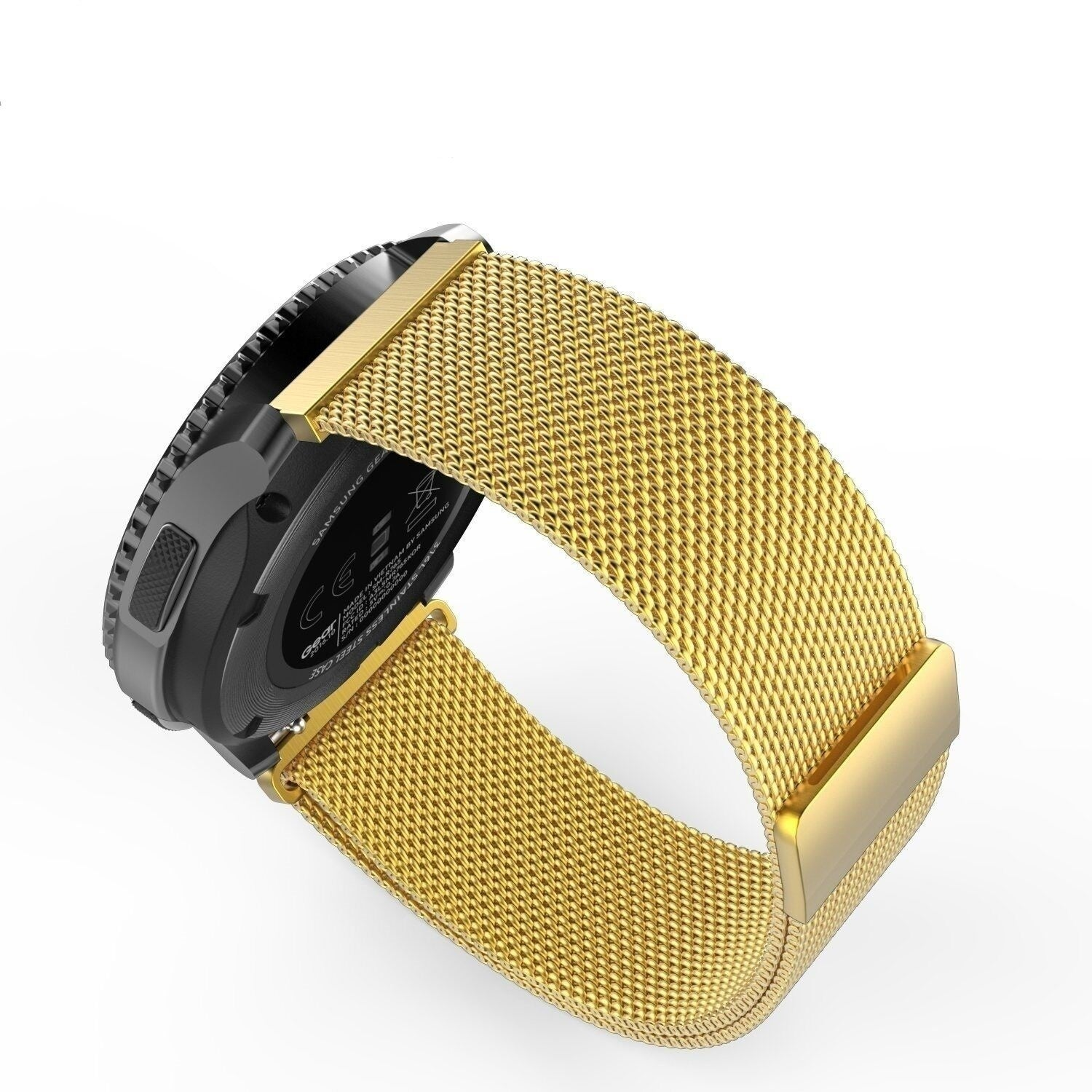 Ein goldfarbenes Mesh-Uhrenarmband ist an einer schwarzen Smartwatch befestigt. Das Armband ist gebogen, der Hintergrund ist weiß.