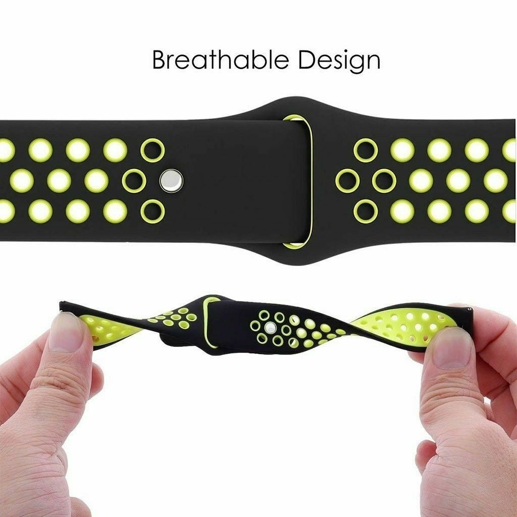 Schwarzes und gelbes Armband, Hände halten es. Das Armband hat atmungsaktive Löcher. Text 'Atmungsaktives Design' steht oben.
