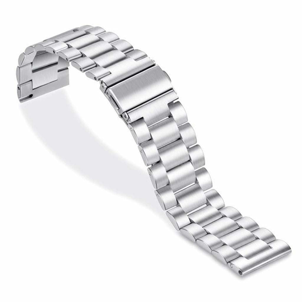 Ein silbernes Metall-Uhrenarmband liegt gebogen vor weißem Hintergrund. Es besteht aus verbundenen rechteckigen Teilen mit Faltschließe.