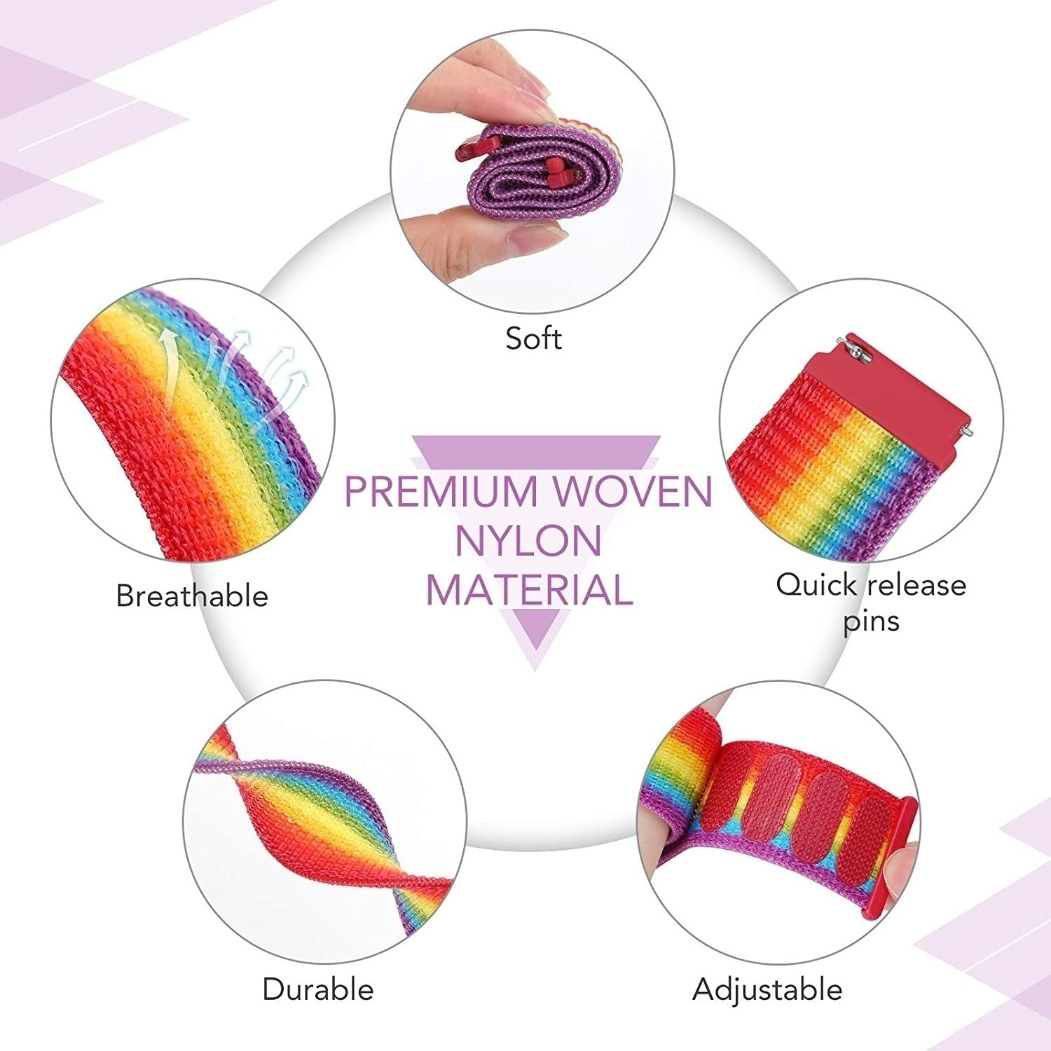 Diagramm, das die Eigenschaften eines regenbogenfarbenen gewebten Nylonmaterials zeigt: atmungsaktiv, weich, Schnellverschlussstifte, verstellbar und langlebig.