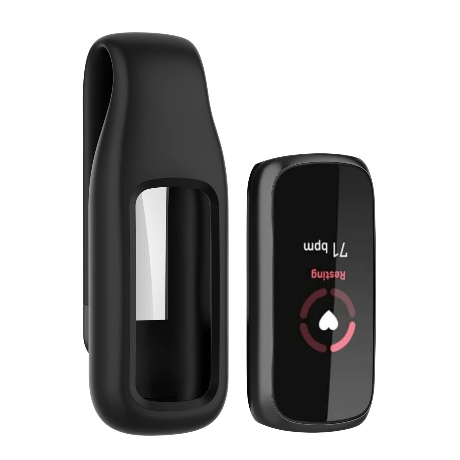 Schwarzer Fitnesstracker mit Clip-On-Gehäuse. Der Bildschirm zeigt Herzfrequenzdaten an. Ruhepuls beträgt 71 bpm.