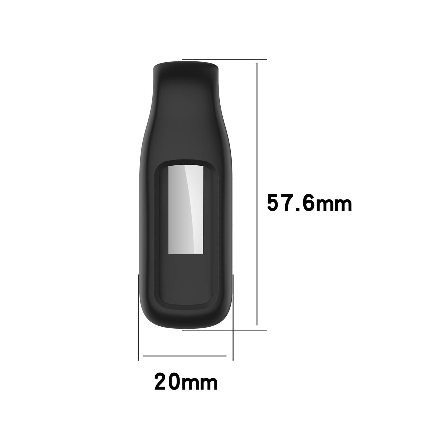 Schwarzer Fitnesstracker mit rechteckigem Bildschirm, Maße: 57,6 mm hoch und 20 mm breit, vor weißem Hintergrund.
