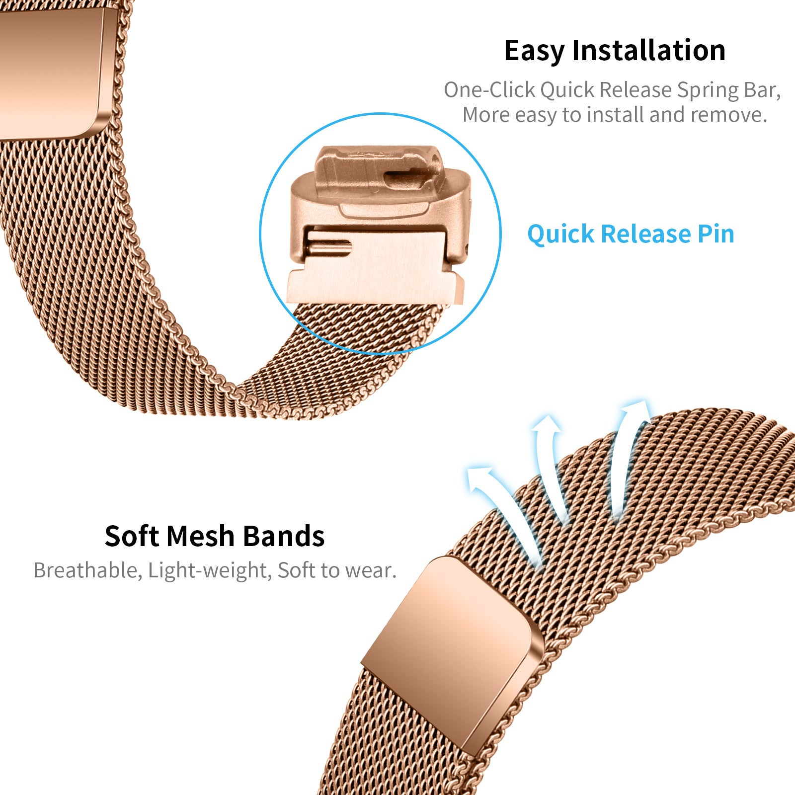 Ein roségoldenes Uhrenarmband mit Mesh-Design. Verfügt über einen Schnellverschluss und eine einfache Installation. Weich und atmungsaktiv.