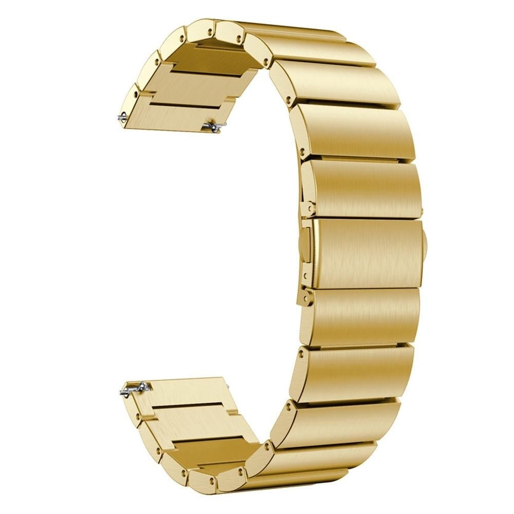 Ein gebogenes goldenes Uhrenarmband vor weißem Hintergrund. Das Armband besteht aus verbundenen rechteckigen Metallteilen.