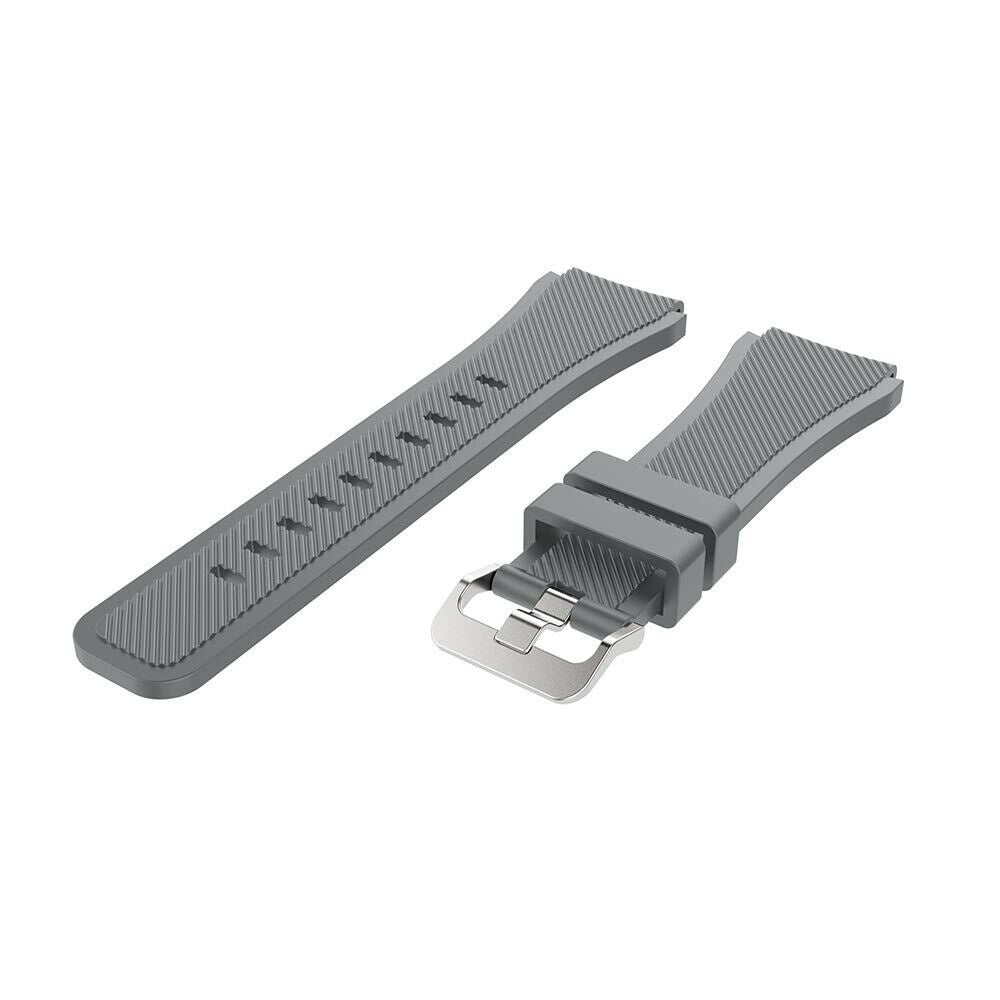 Zwei graue Uhrenarmbänder liegen auf einer weißen Oberfläche. Ein Armband ist abgenommen und zeigt eine silberne Schnalle. Beide haben strukturierte Oberflächen.