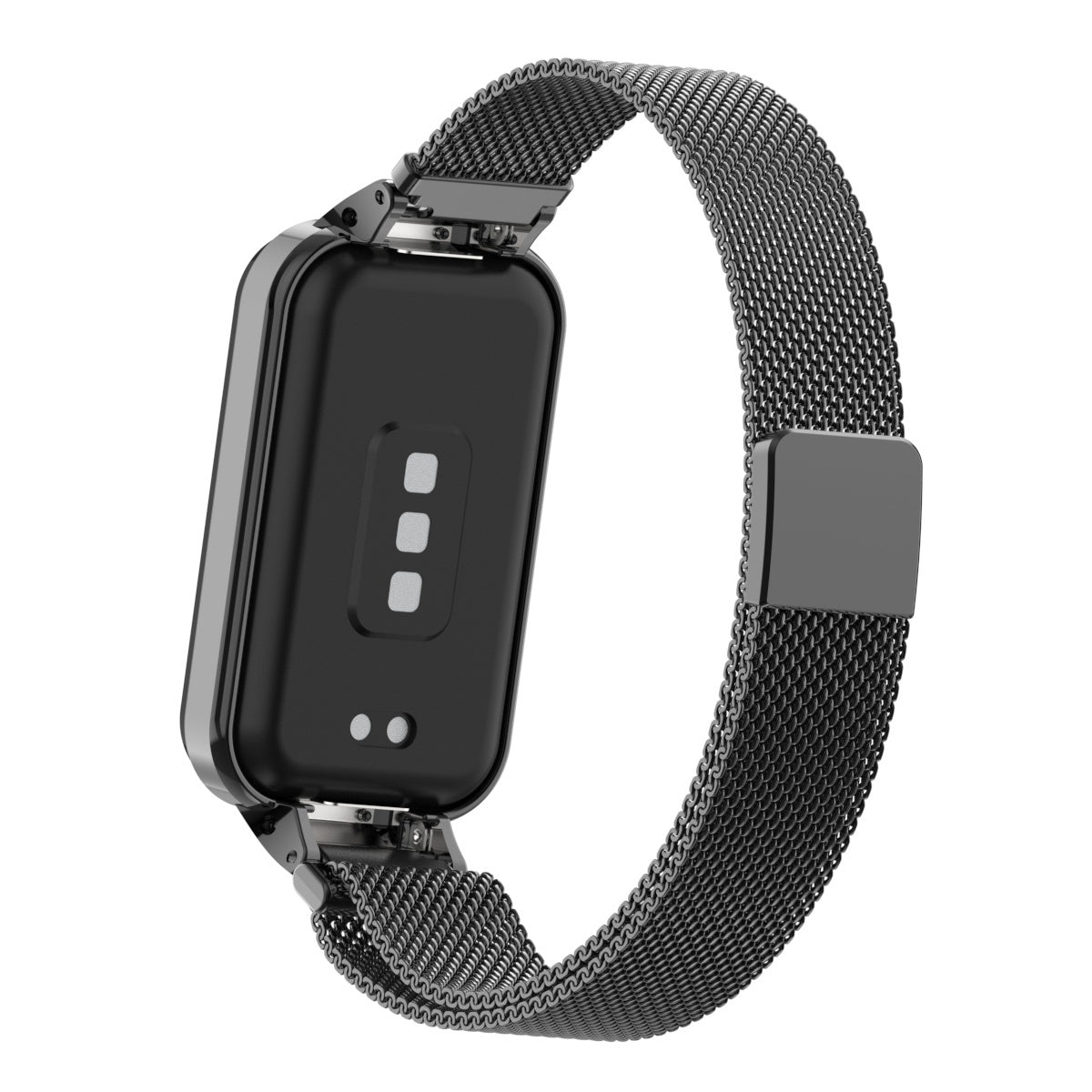 Schwarze Smartwatch mit einem Metallmaschenband. Das Zifferblatt ist rechteckig, mit drei kleinen Quadraten und zwei Punkten auf der Rückseite.
