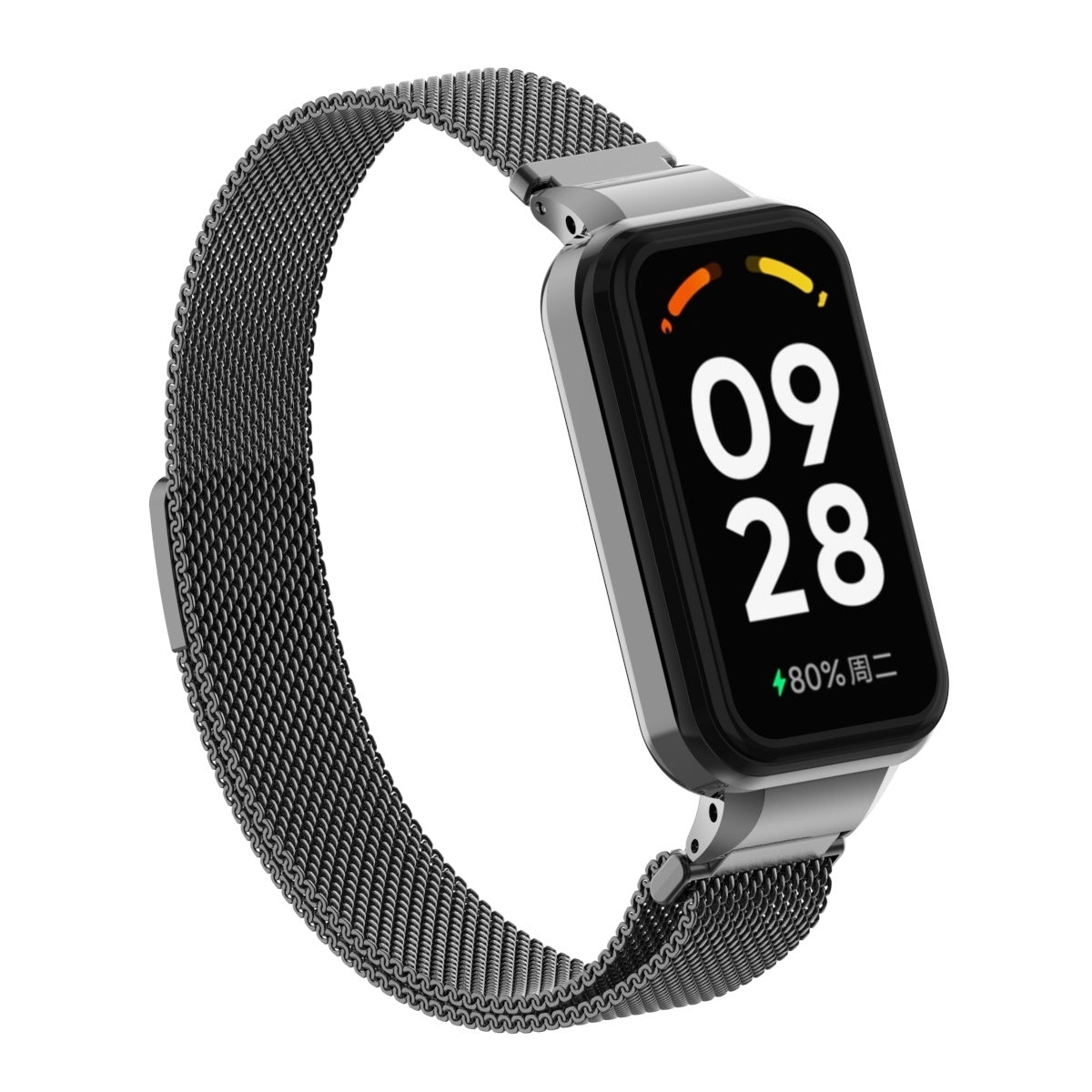 Eine silberne Smartwatch mit schwarzem Bildschirm, der "09 28" und 80% anzeigt. Die Uhr hat ein Metallband auf weißem Hintergrund.