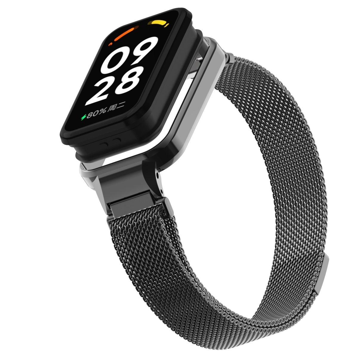 Eine schwarze Smartwatch mit einem metallischen Mesh-Armband. Der Bildschirm zeigt '09 28' und Batterieinfo an. Das Band ist gebogen.