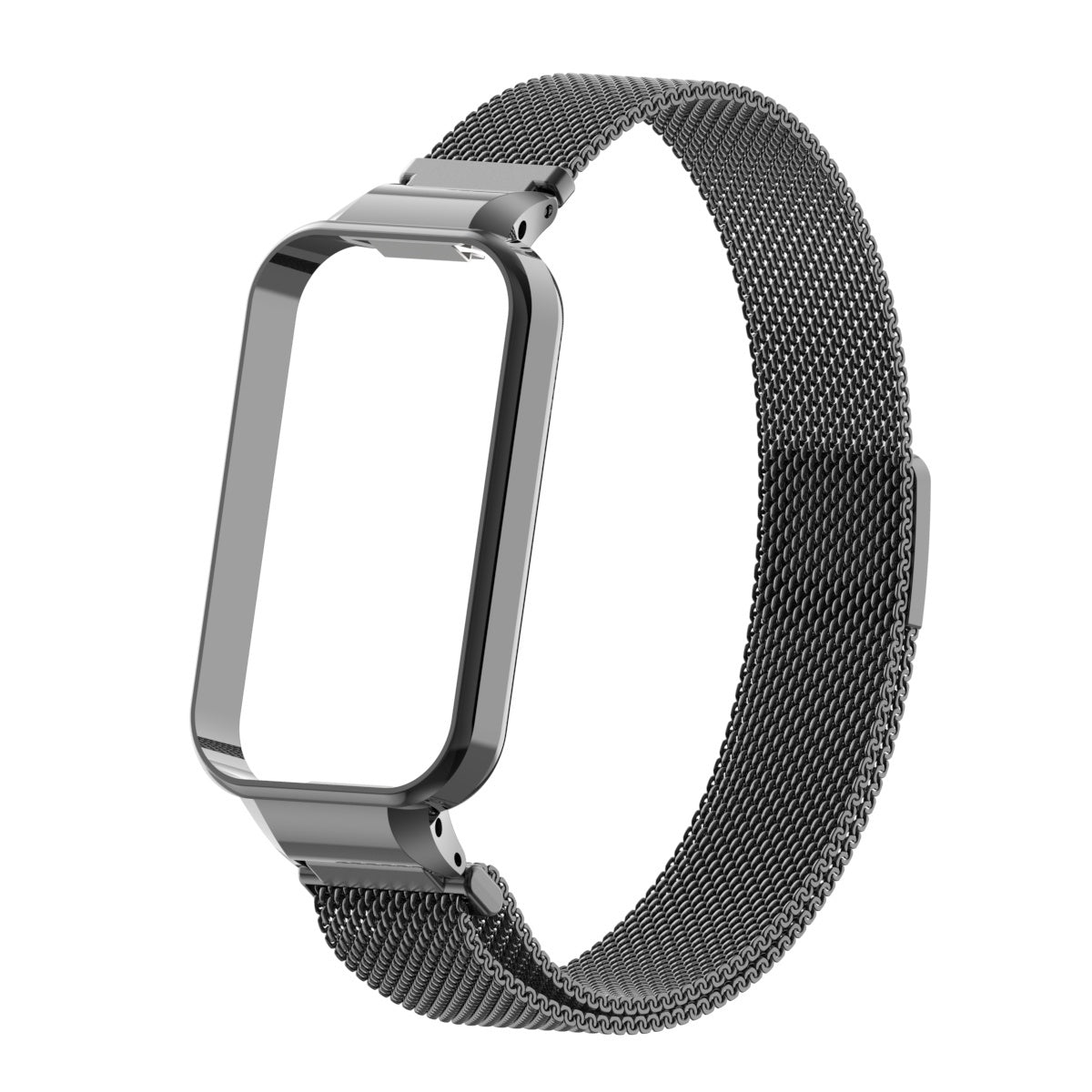 Ein metallisch graues Uhrenarmband mit einem rechteckigen Rahmen für das Zifferblatt. Das Armband besteht aus feinem Mesh.