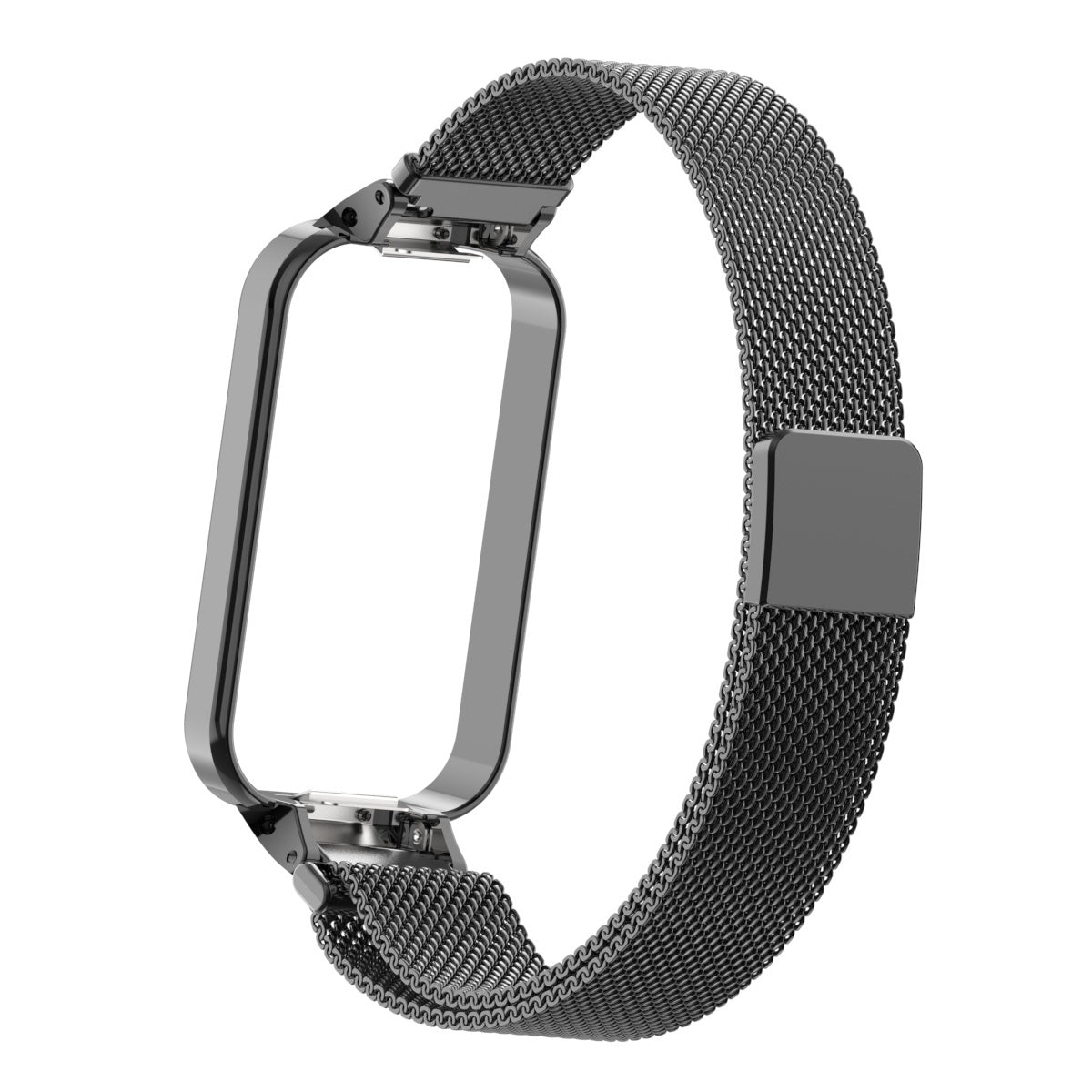 Ein dunkelgraues, metallisches Uhrenarmband. Es besteht aus zwei Teilen: einem Rahmen und einem Mesh-Armband. Der Rahmen ist rechteckig, das Armband ist eine Schlaufe.