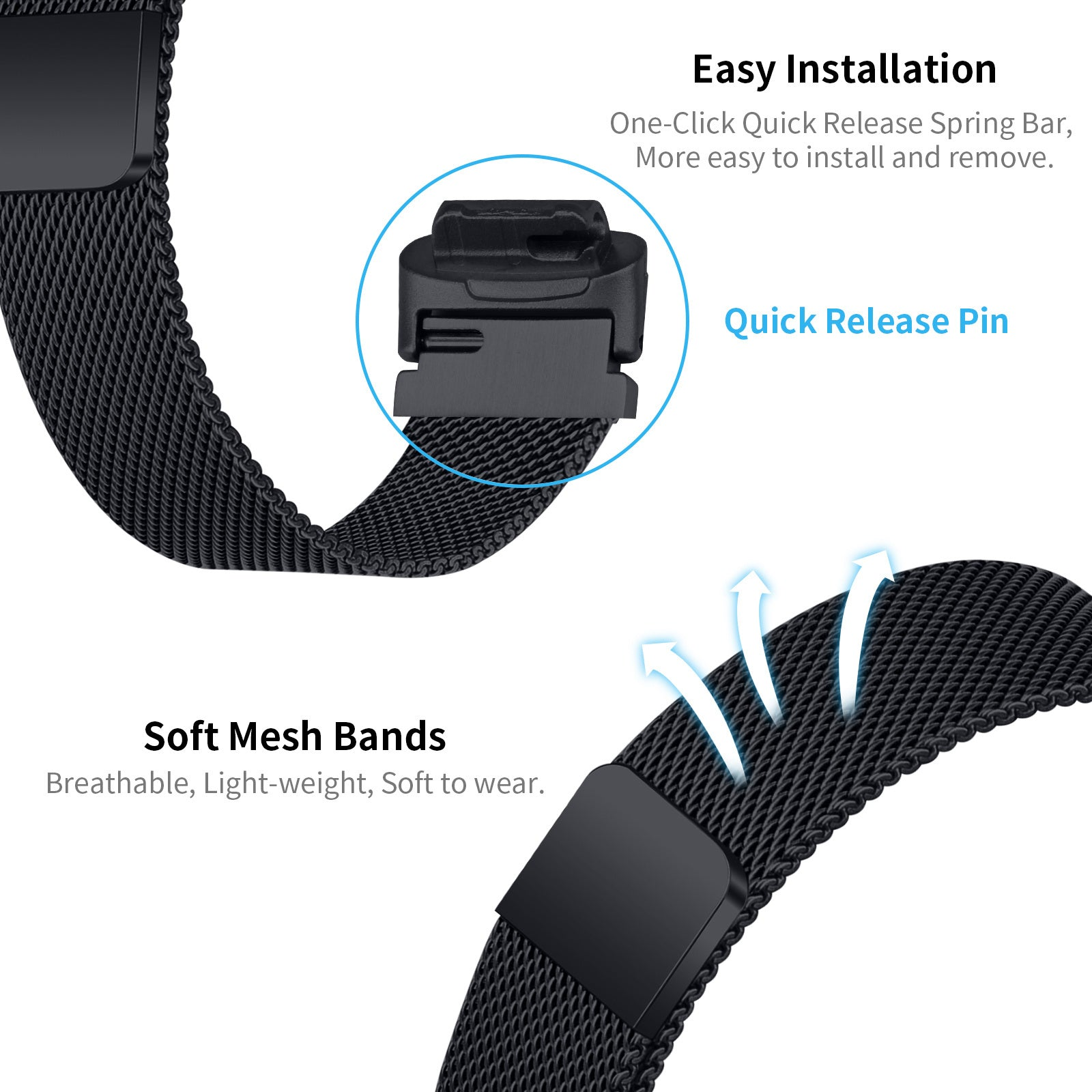 Schwarzes Uhrenarmband mit Netzstruktur. Enthält einen Schnellverschlussstift und beschreibenden Text: 'Weiche Mesh-Bänder'.
