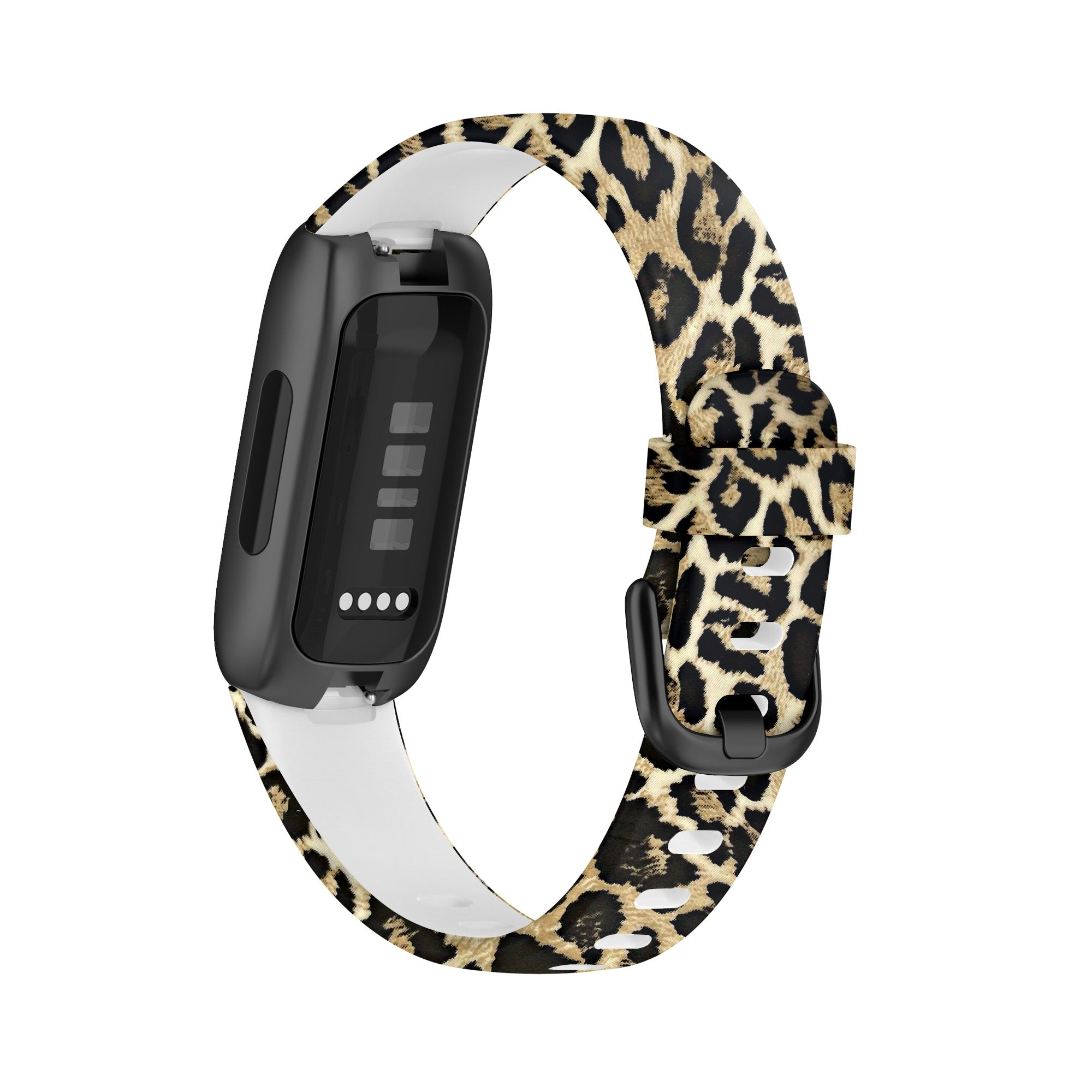 Ein schwarz-weißer Fitnesstracker mit Leopardenmuster-Armband. Das Band hat eine Schlaufenform.