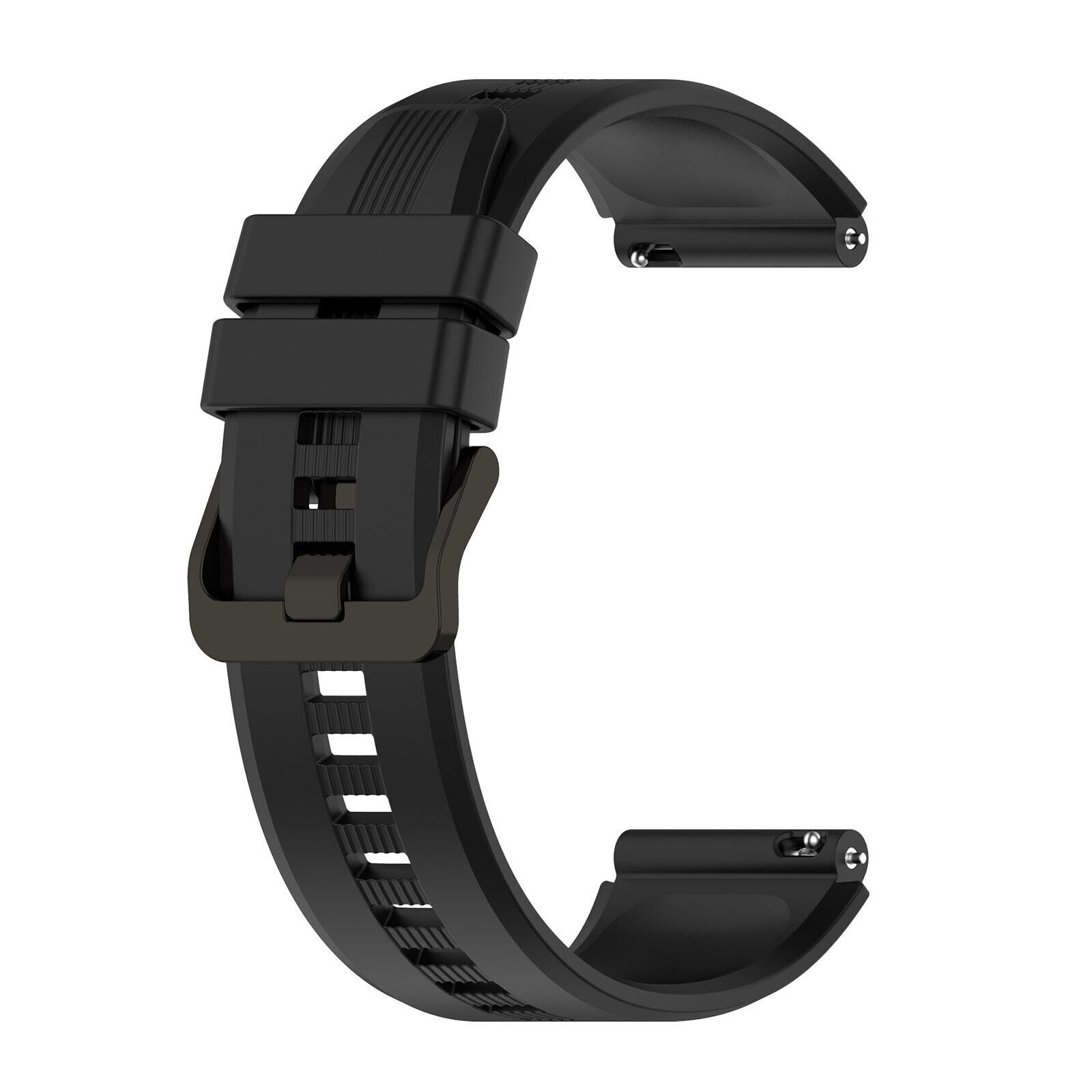 Ein schwarzes Uhrenarmband mit einer Schließe ist C-förmig gebogen. Das Armband besteht aus Gummi oder Kunststoff.