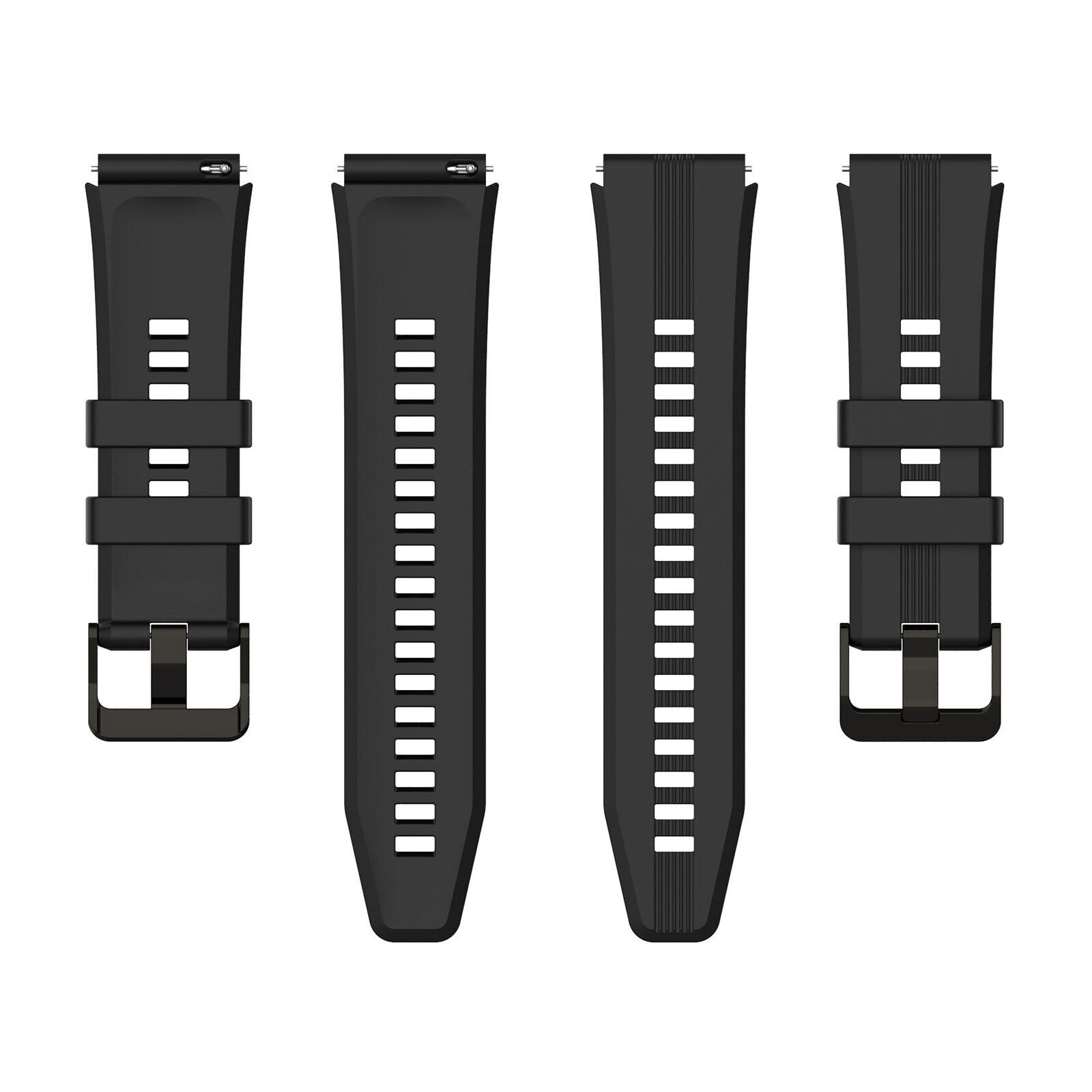 Vier schwarze Uhrenarmbänder auf weißem Hintergrund. Jedes Band hat eine Schnalle und mehrere Löcher zur Anpassung.