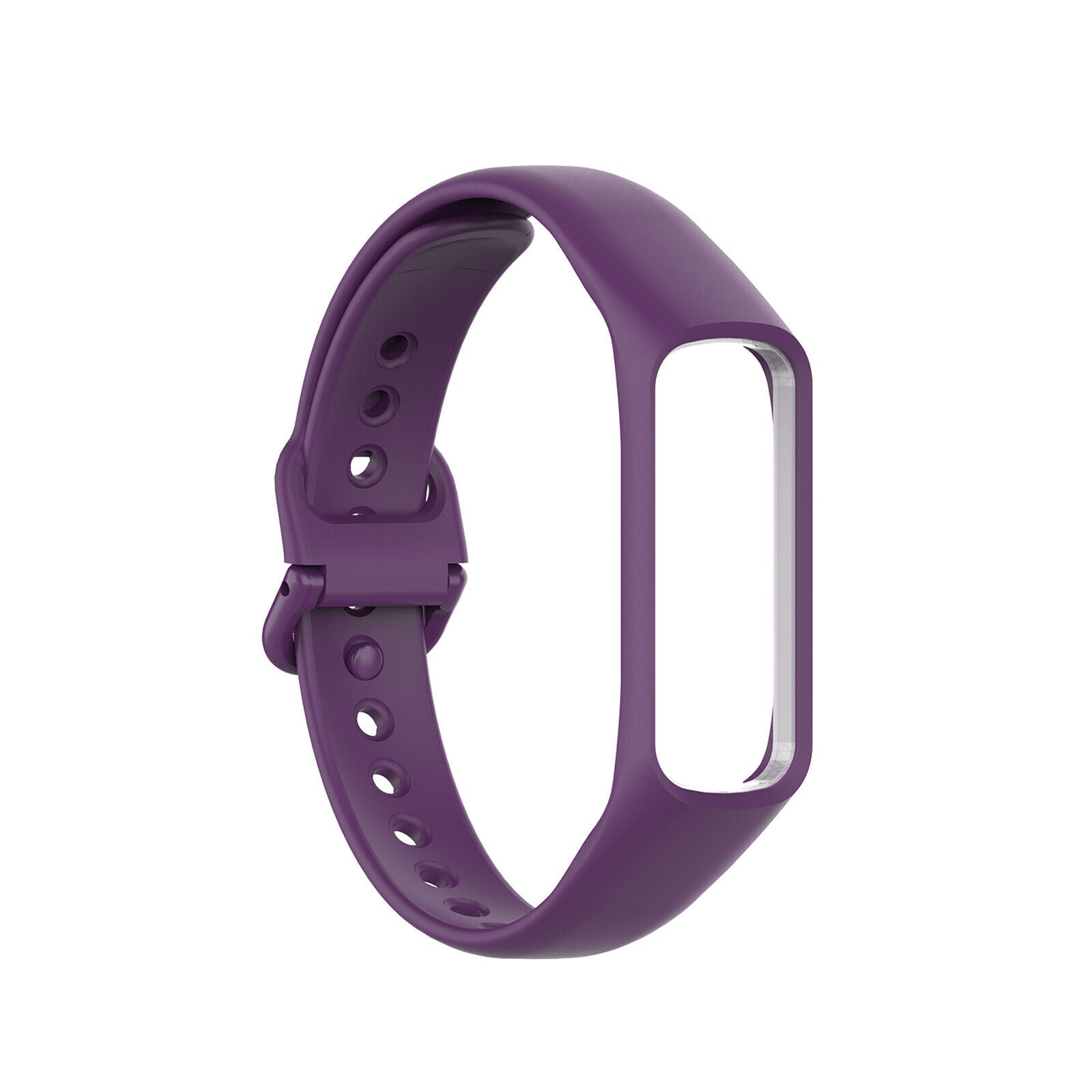 Ein lila Uhrenarmband mit rechteckiger Öffnung. Es hat Löcher und einen Verschluss.