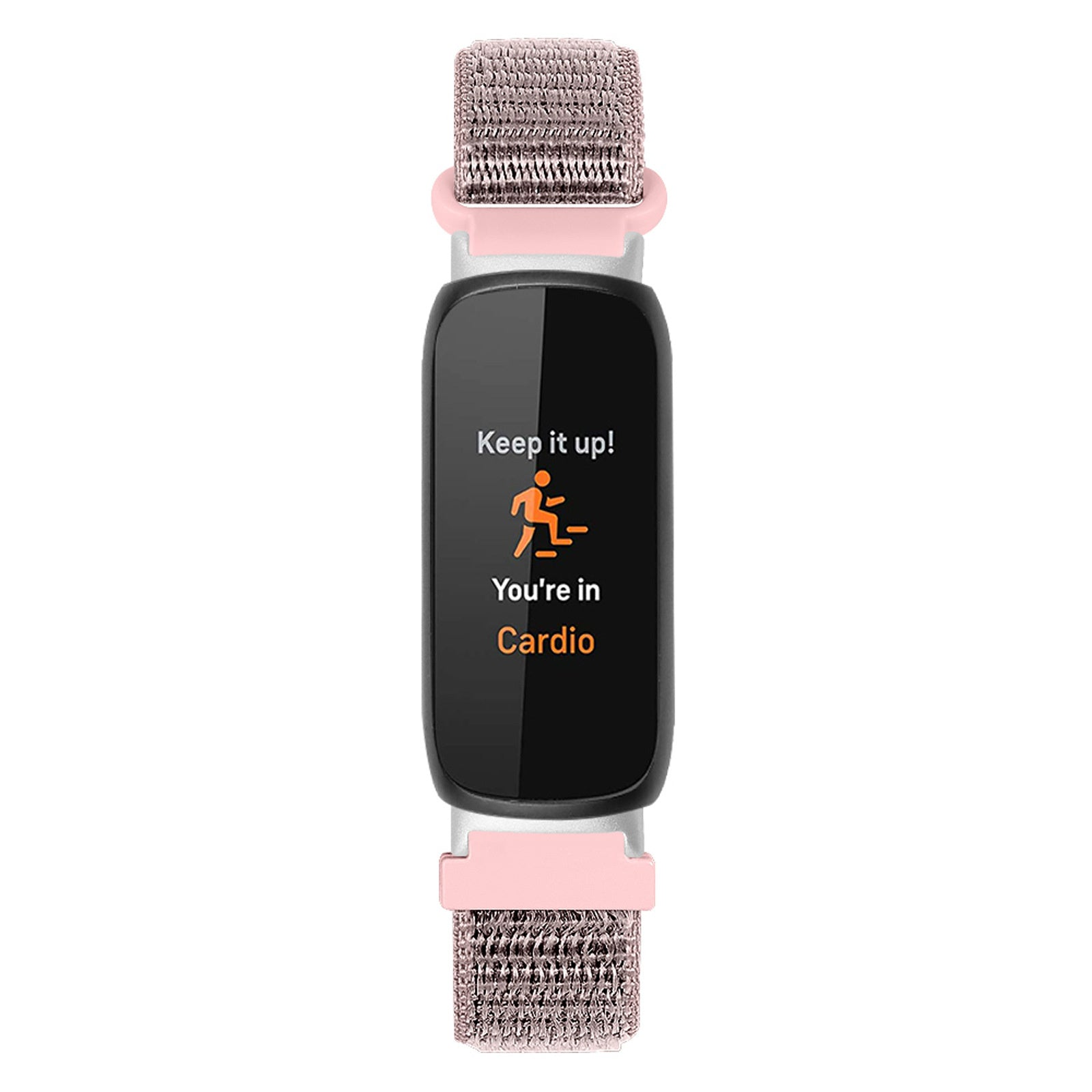 Ein schwarzer Fitnesstracker mit pinkfarbenem Armband zeigt „Weiter so!“ und „Du bist im Cardio“ an.