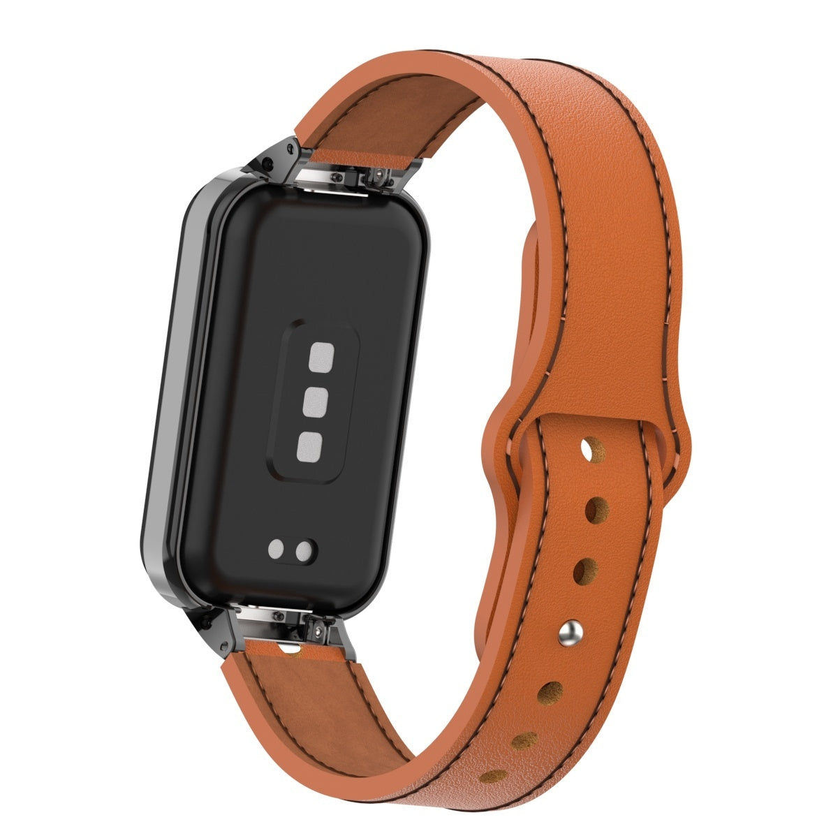 Gezeigt wird eine schwarze Smartwatch mit einem orangefarbenen Lederarmband. Das Armband hat Nähte und Knopflöcher. Die Uhr ist angewinkelt.
