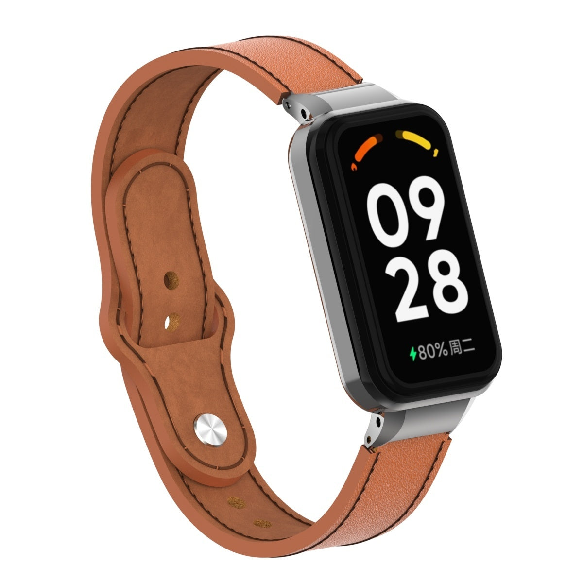 Ein braunes Lederarmband mit einem silbernen Zifferblatt, das die Uhrzeit anzeigt. Das Armband ist mit dem Zifferblatt verbunden.