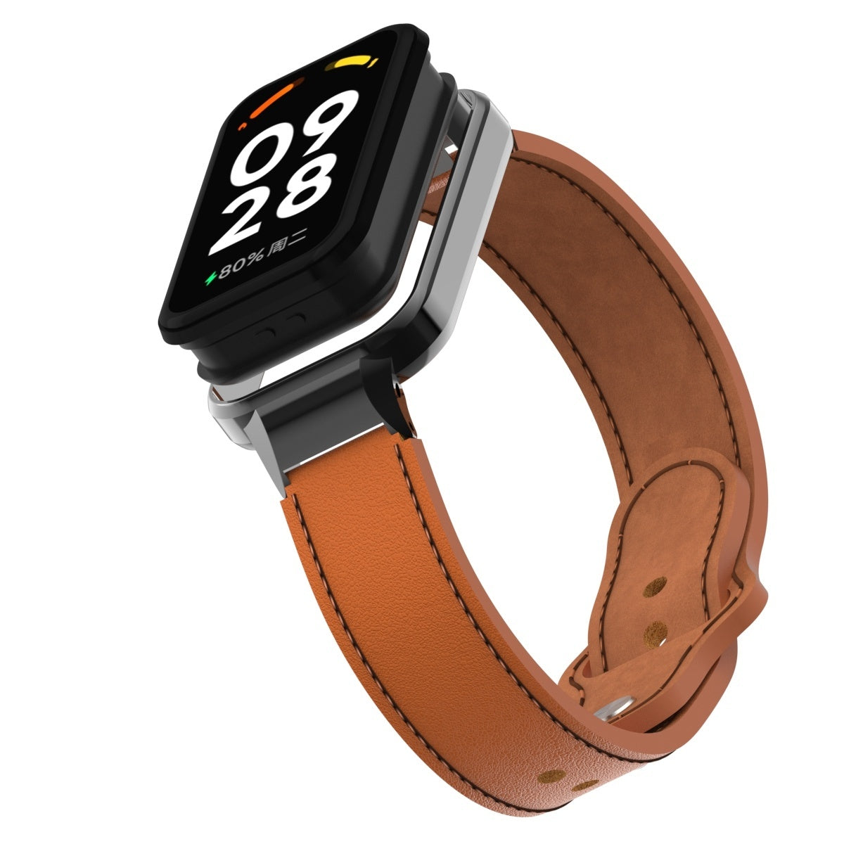 Eine Smartwatch mit schwarzem Bildschirm, der Uhrzeit und Akkustand anzeigt, ist an einem braunen Lederarmband auf weißem Hintergrund befestigt.