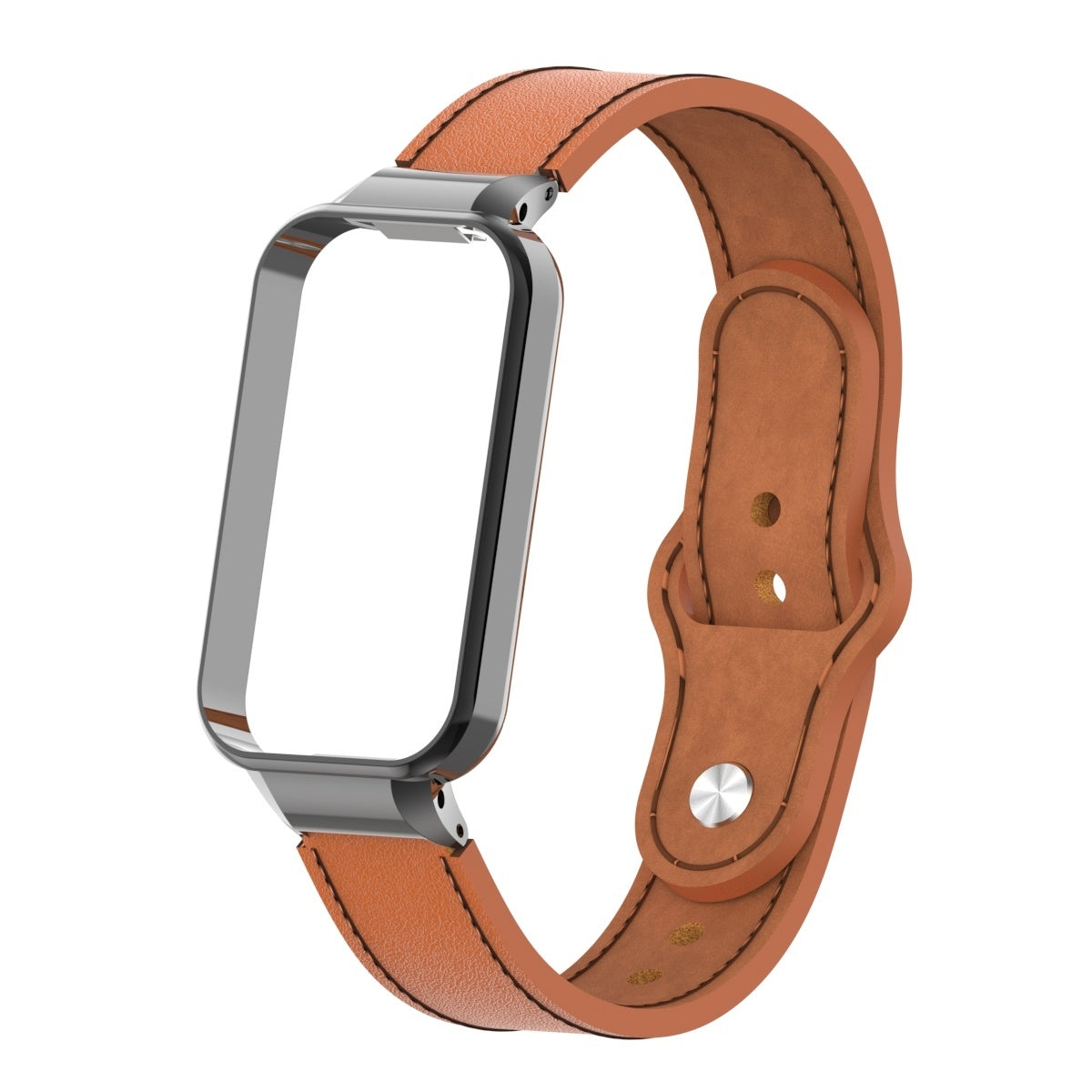 Ein braunes Lederarmband mit silbernem Metallrahmen. Das Armband hat eine Schnalle und eine Schlaufe. Der Hintergrund ist weiß.