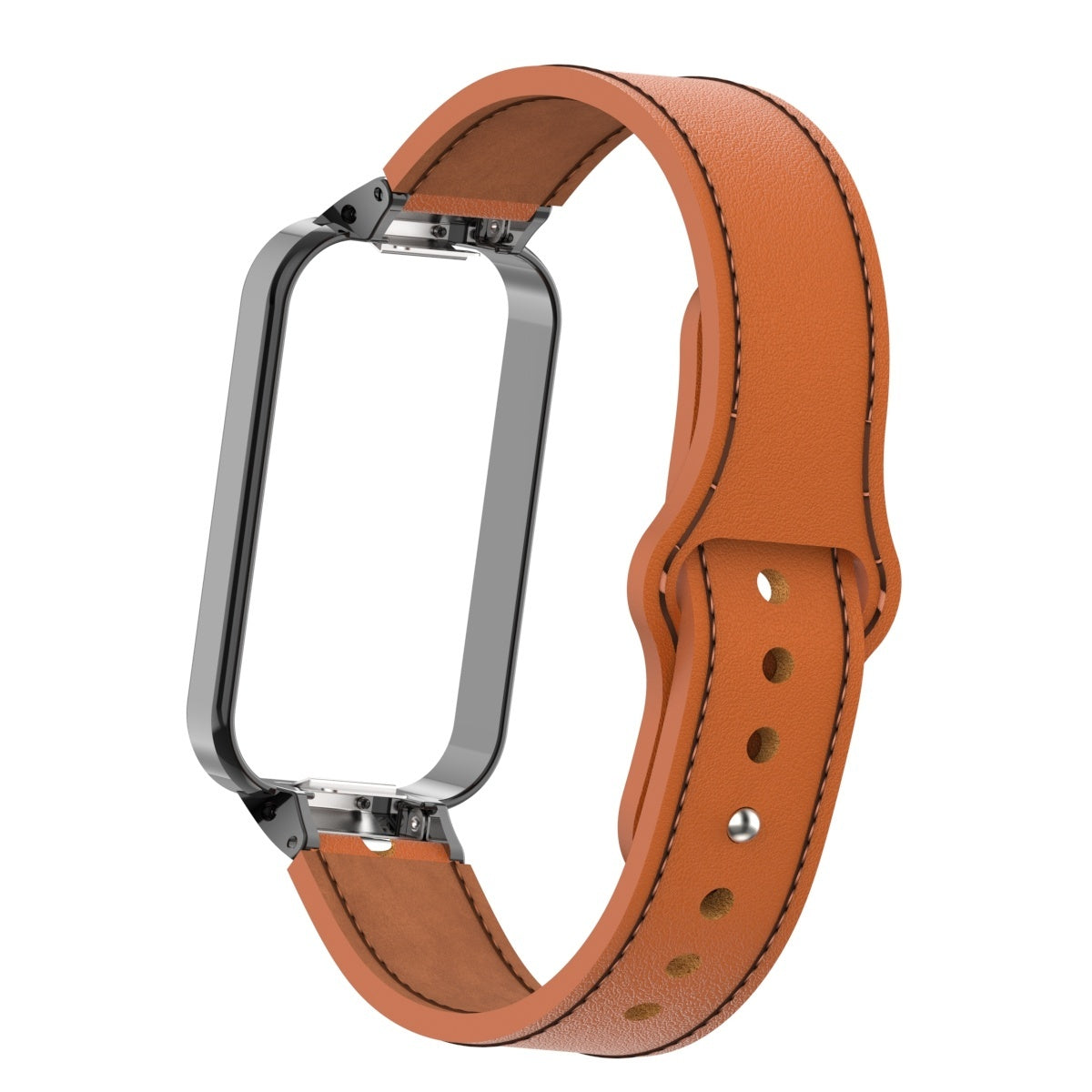 Ein orangefarbenes Lederarmband mit einem silberfarbenen Rahmen. Das Armband hat Nähte und Löcher. Der Hintergrund ist weiß.