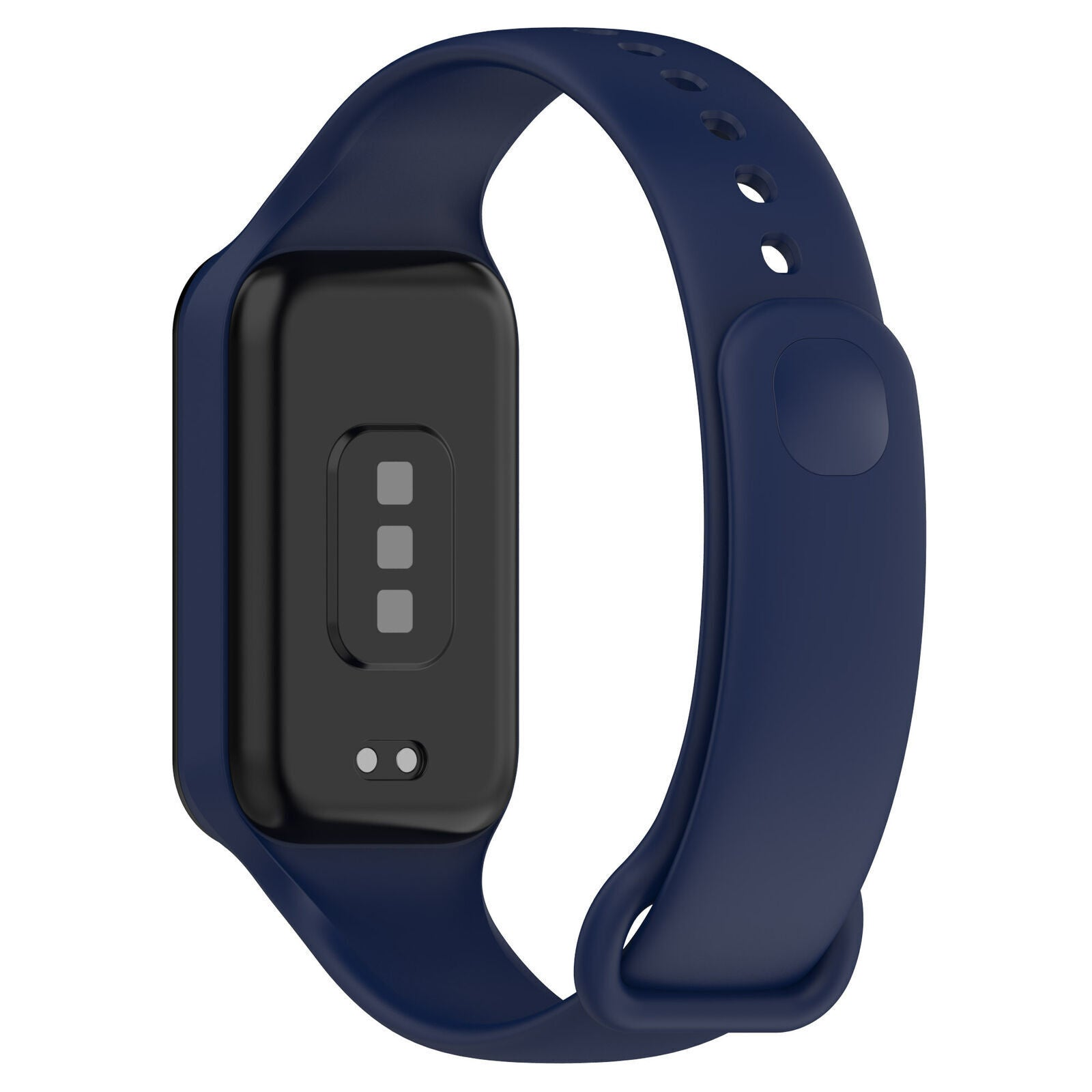 Ein marineblauer Fitnesstracker. Er hat einen schwarzen Bildschirm mit drei kleinen Quadraten und zwei Punkten. Das Band ist ebenfalls marineblau.