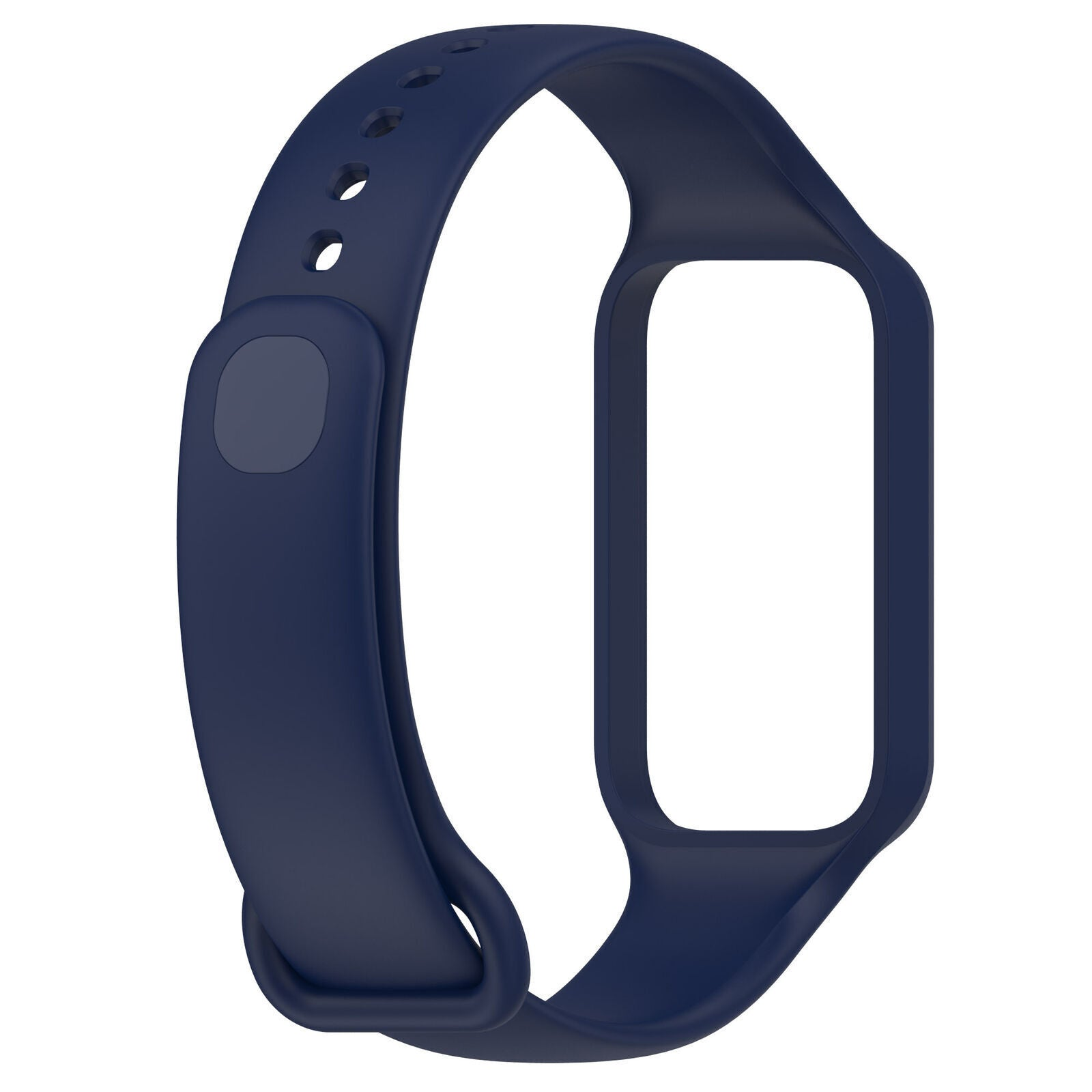 Ein marineblaues Uhrenarmband. Es hat Löcher zur Anpassung und eine rechteckige Öffnung für das Zifferblatt, alles auf weißem Hintergrund.