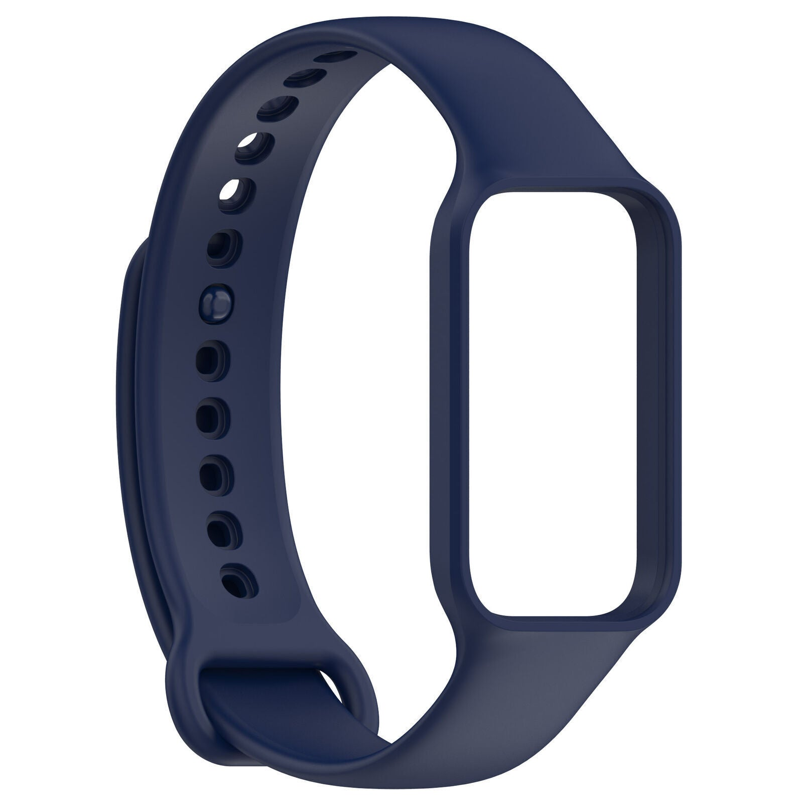 Ein marineblaues Smartwatch-Armband. Es hat eine rechteckige Öffnung und ein Band mit Löchern zur Anpassung.