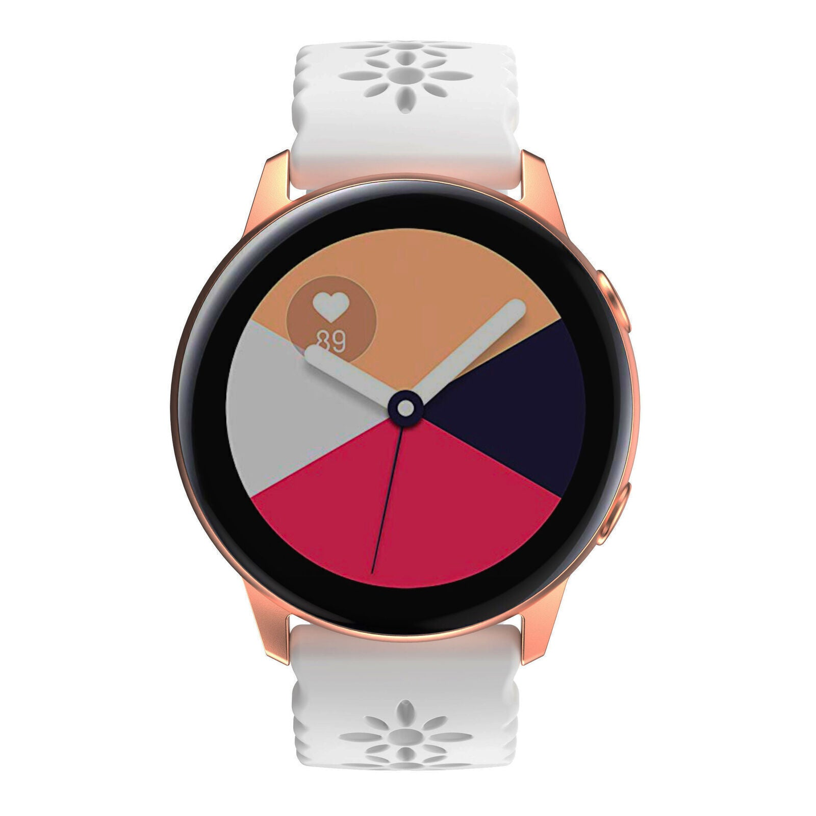 Roségoldene Smartwatch mit weißem Armband. Zifferblatt zeigt Herzfrequenz und farbige Segmente. Das Armband hat Blumenausschnitte.