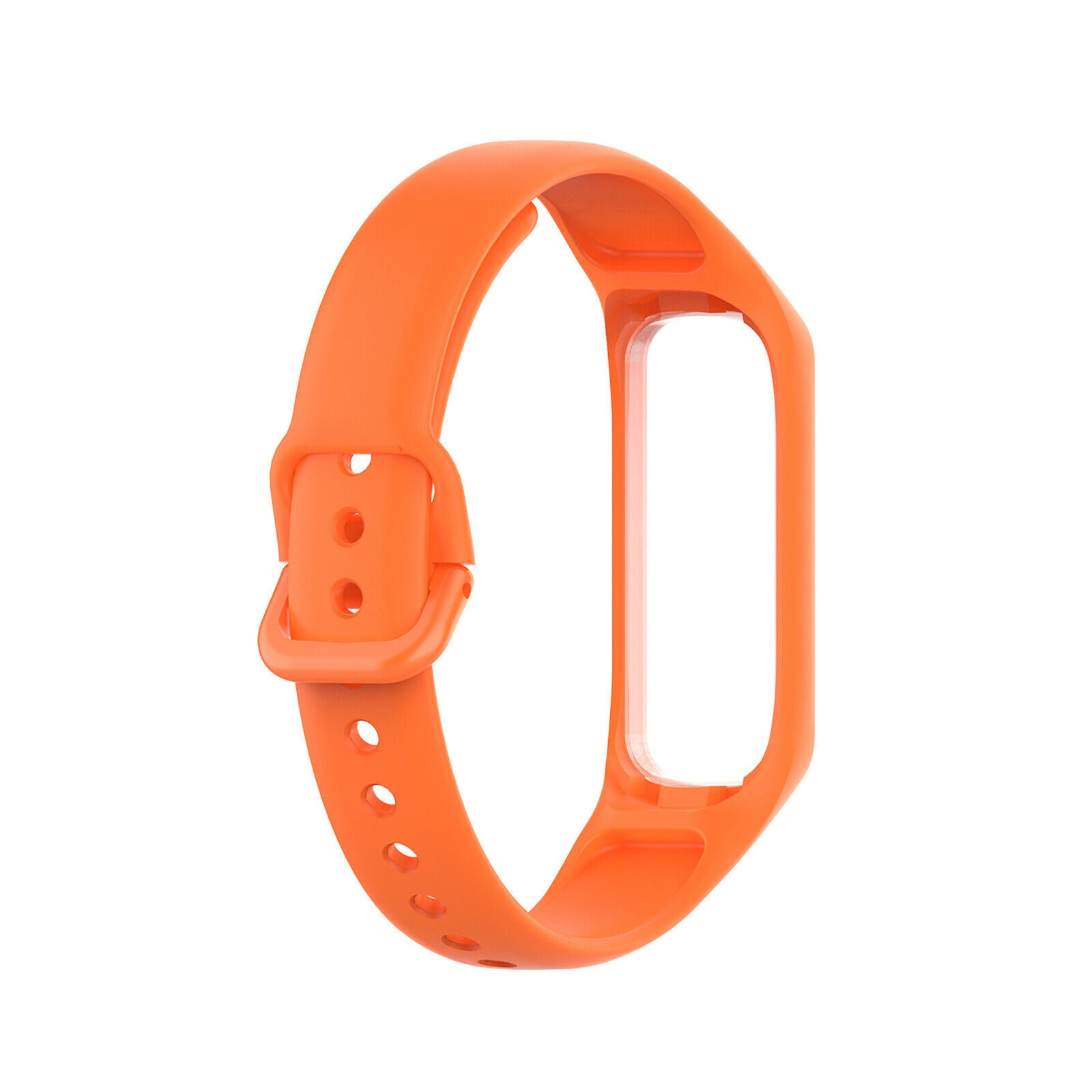 Ein orangefarbenes Fitness-Tracker-Armband vor weißem Hintergrund. Das Band hat eine Schnalle und mehrere Löcher zur Einstellung.