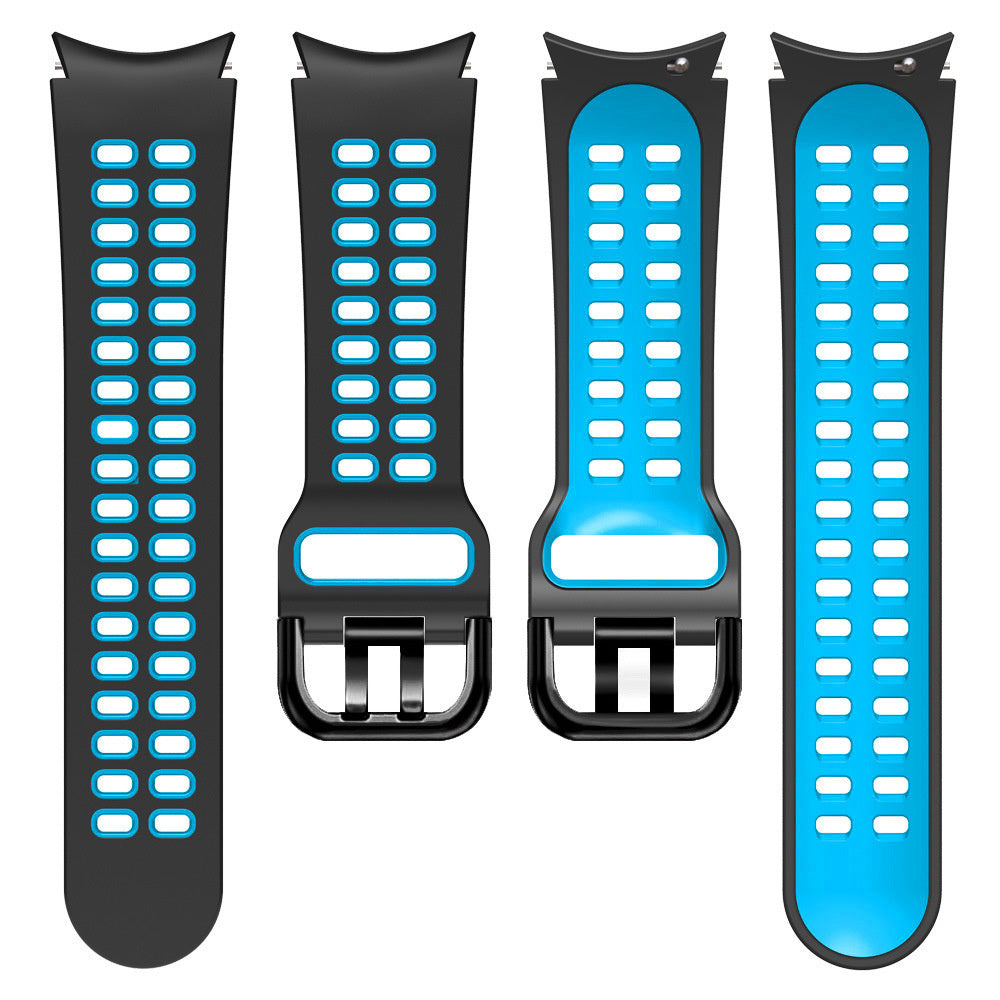 Vier schwarze und blaue Uhrenarmbänder. Jedes hat eine Reihe von Löchern. Zwei sind schwarz mit blauen Akzenten, zwei sind blau mit schwarz.