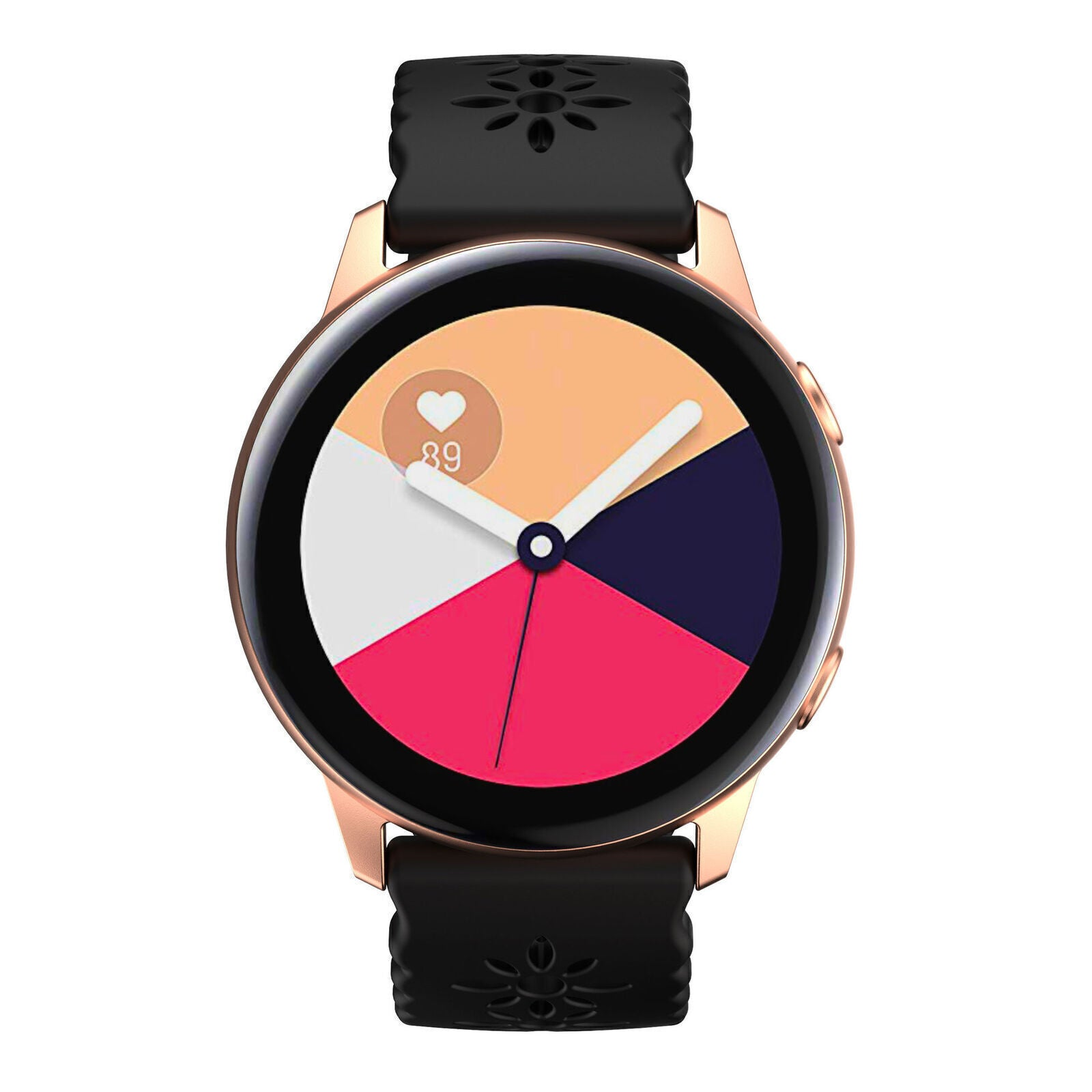 Eine roségoldene Smartwatch mit schwarzem Armband. Das Zifferblatt hat farbige Segmente und ein Herzfrequenzsymbol. Der Riemen hat Blumendesigns.