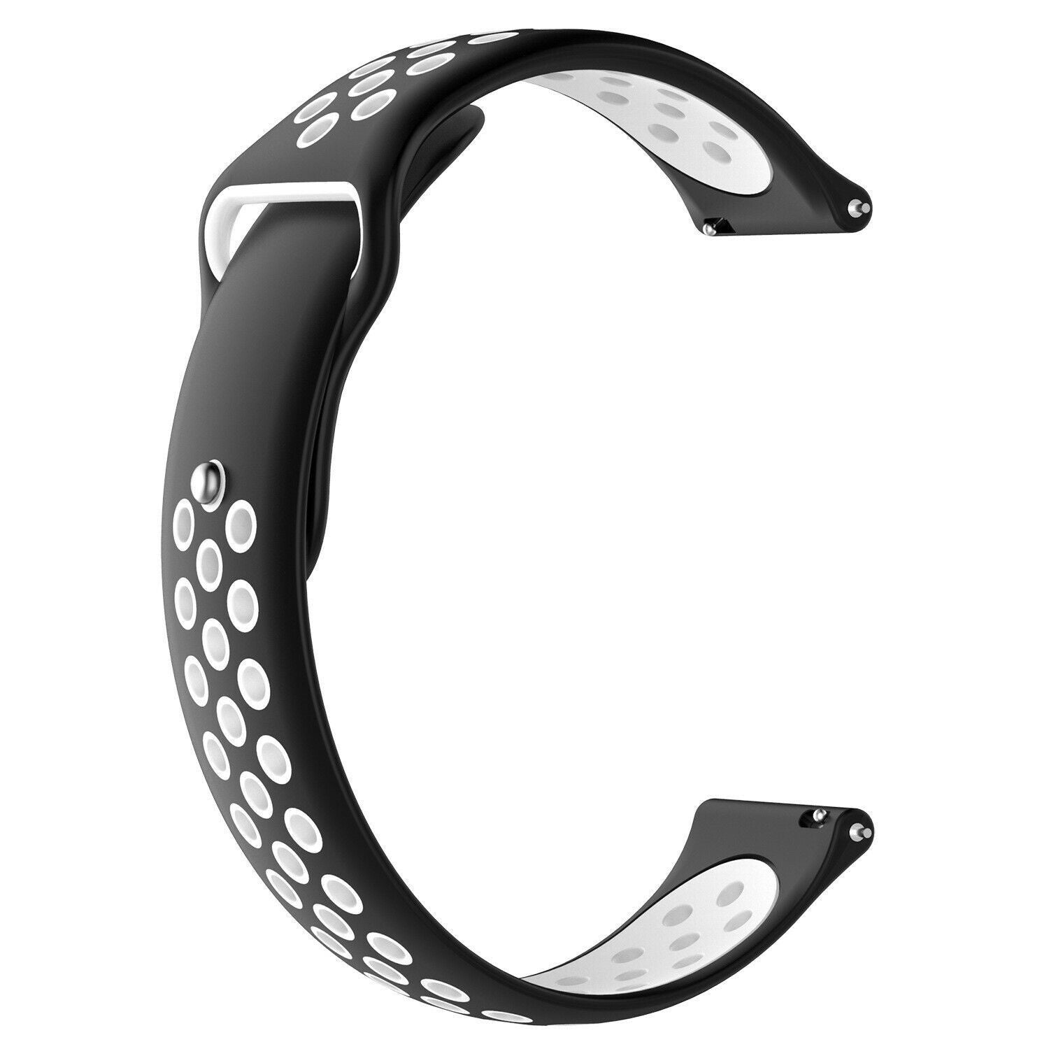 Schwarzes Uhrenarmband mit weißem Punktmuster. Es hat die Form eines C. Die Innenseite ist weiß, die Außenseite schwarz.