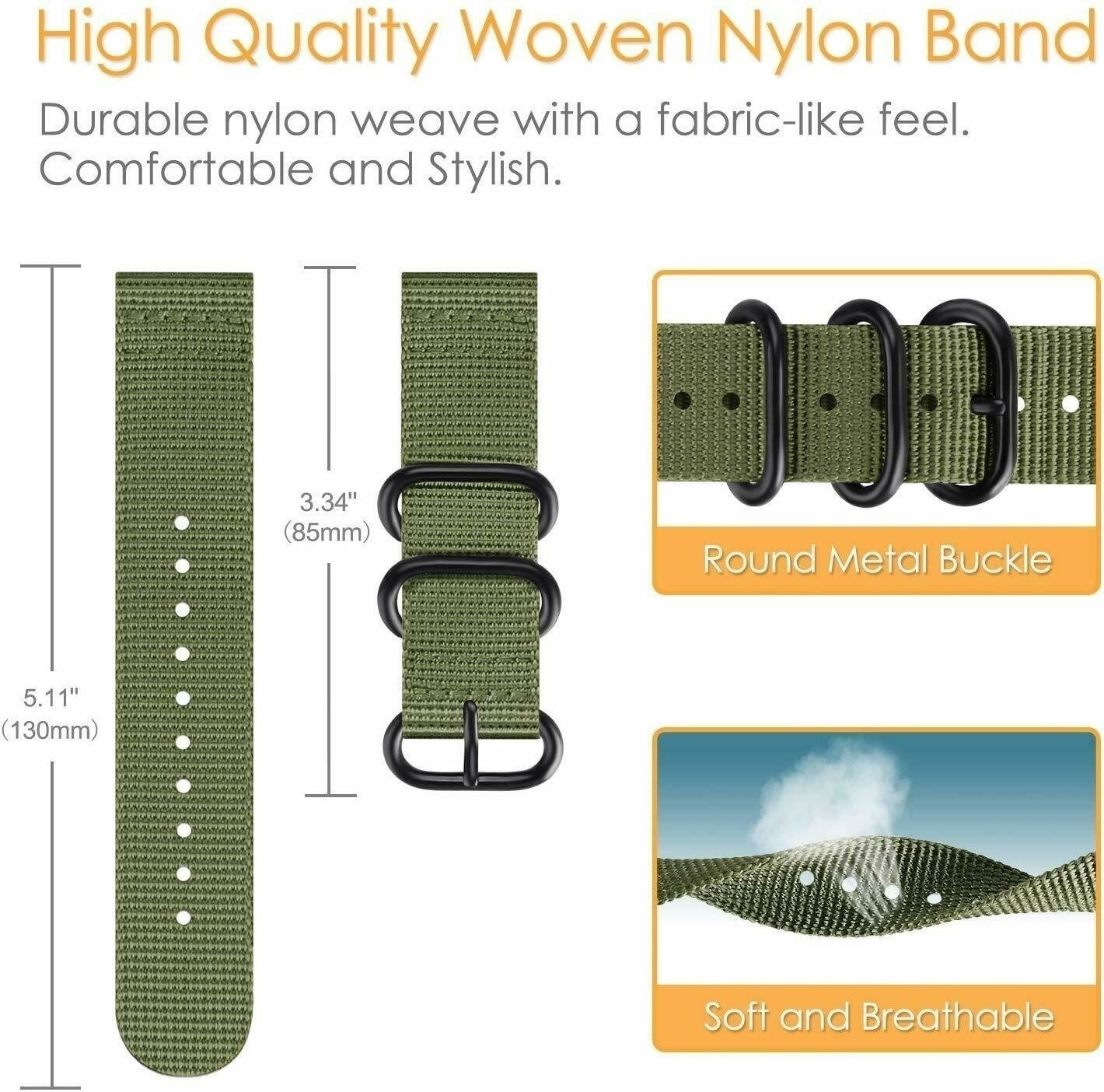 Grünes Nylon-Uhrenarmband mit schwarzen Metallschnallen. Text lautet: 'Hochwertiges gewebtes Nylonband' und 'Runde Metallschnalle'.