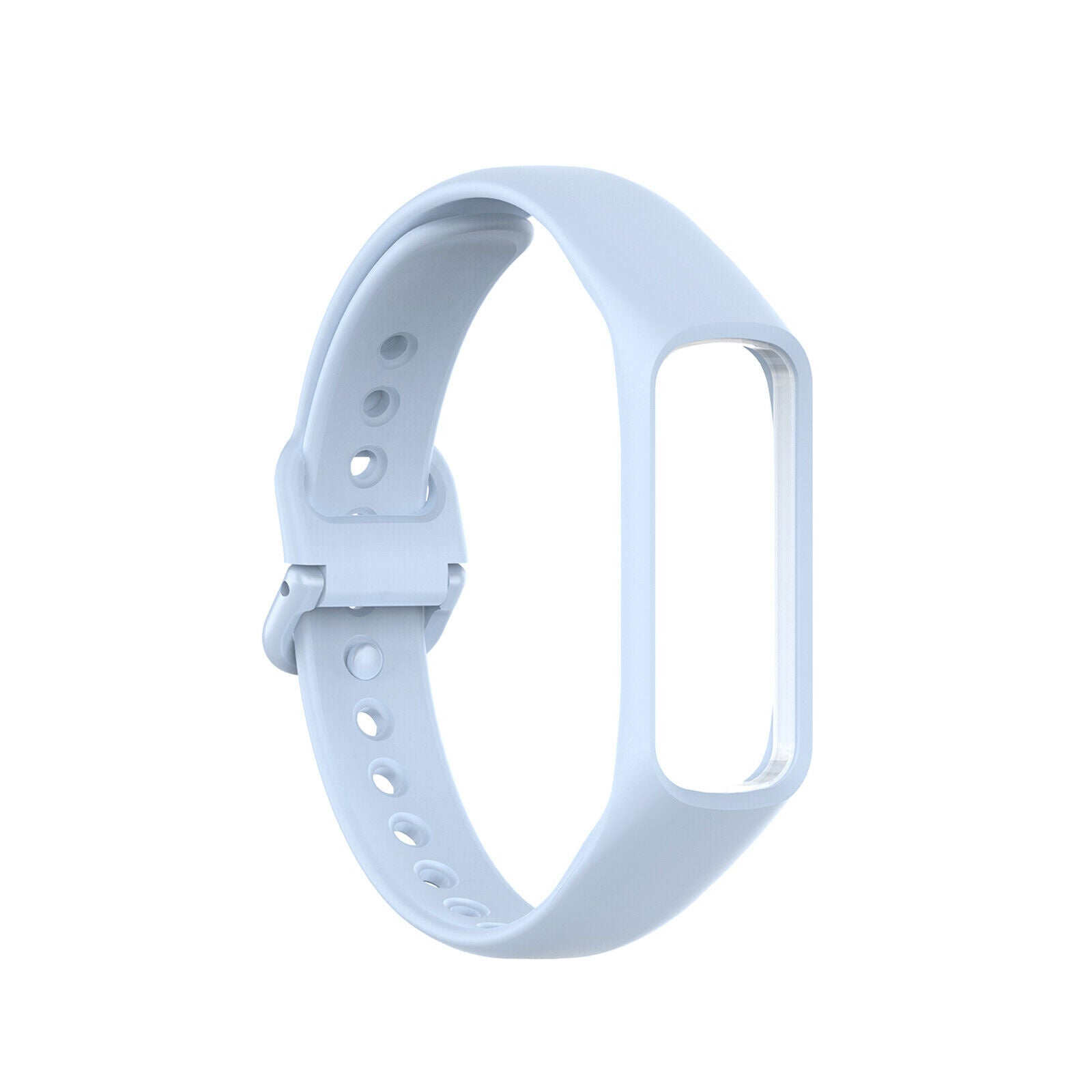 Ein hellblaues Armband auf weißem Hintergrund. Das Armband besteht aus Silikon mit Löchern und einer Schnalle.