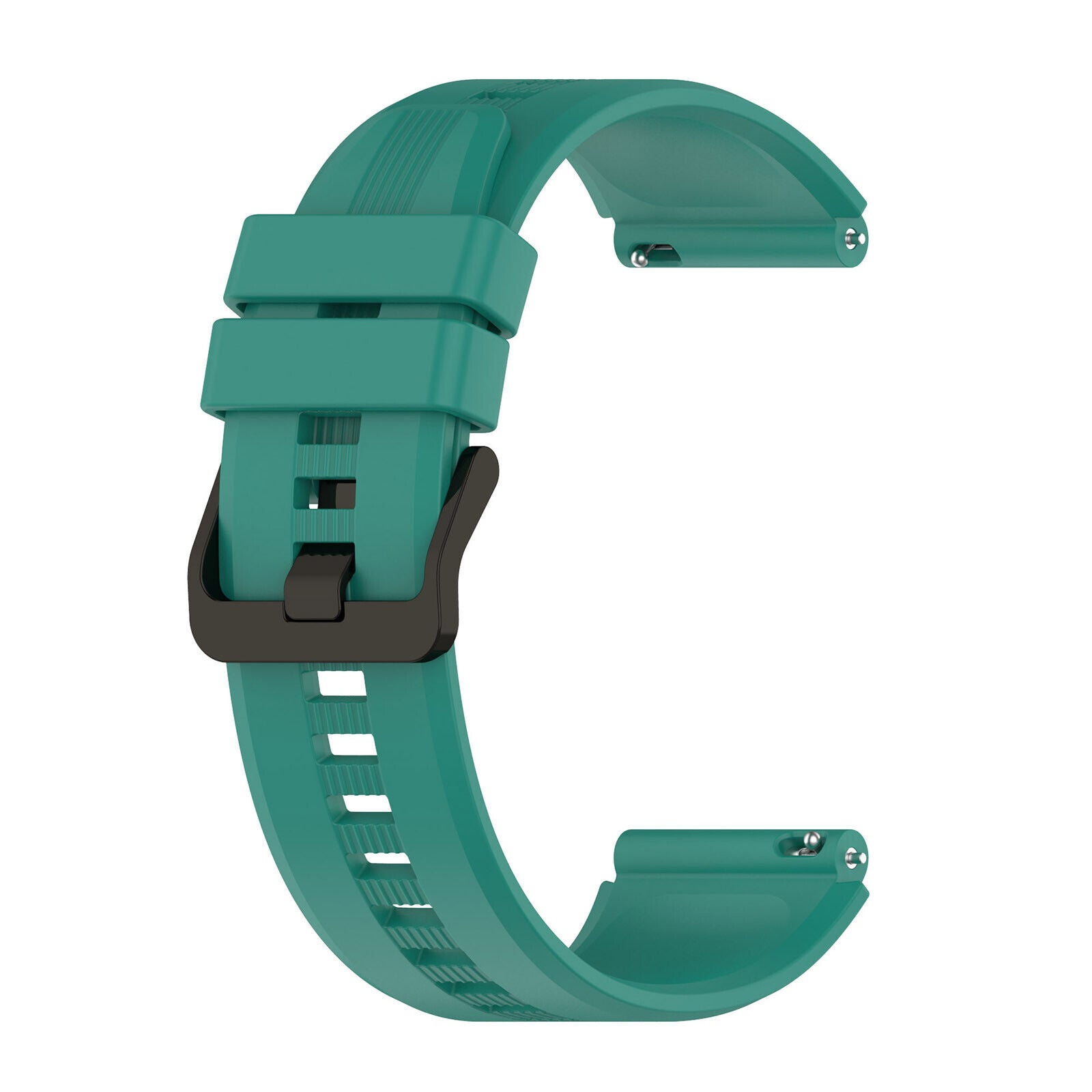 Türkisfarbenes Uhrenarmband mit schwarzer Schnalle, abgewinkelt, auf weißem Hintergrund. Das Armband ist gebogen und hat Löcher.