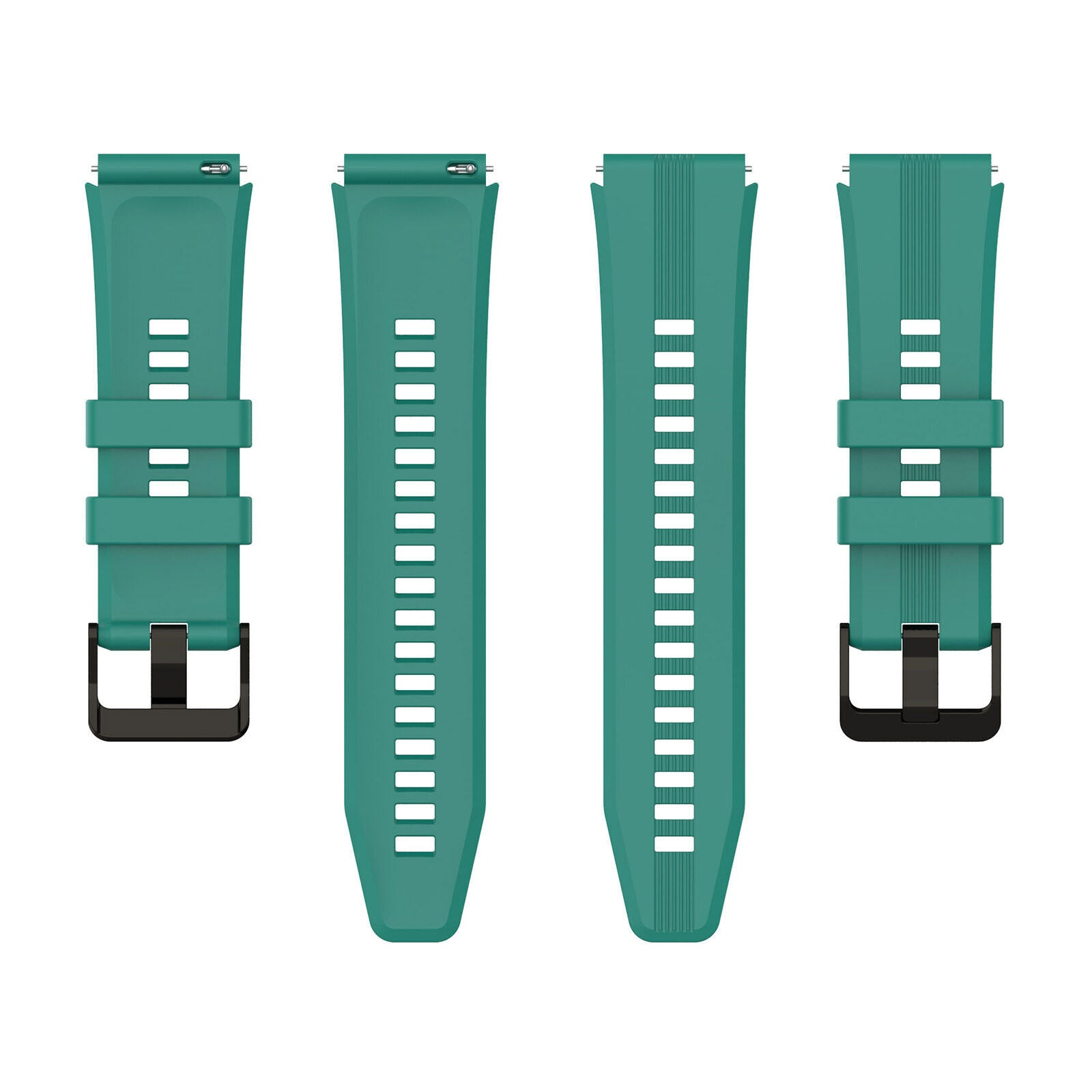 Vier Armbänder in Teal. Zwei haben einen Verschluss, andere haben Löcher. Alle auf weißem Hintergrund.