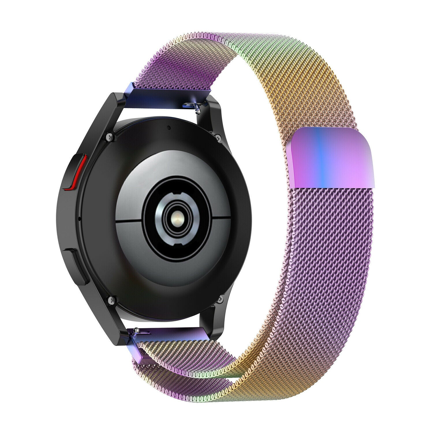 Schwarze Smartwatch mit farbigem Armband. Der Farbverlauf des Armbands geht von Lila zu Gold. Die Uhr vor weißem Hintergrund.