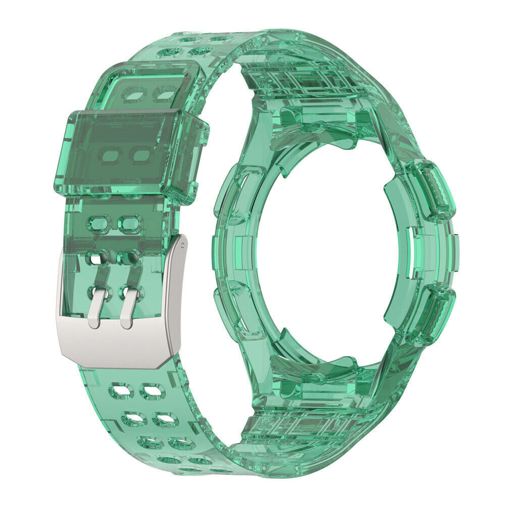 Ein transparentes grünes Uhrenarmband mit silberner Schnalle. Das Armband besteht aus klarem, strukturiertem Kunststoff.
